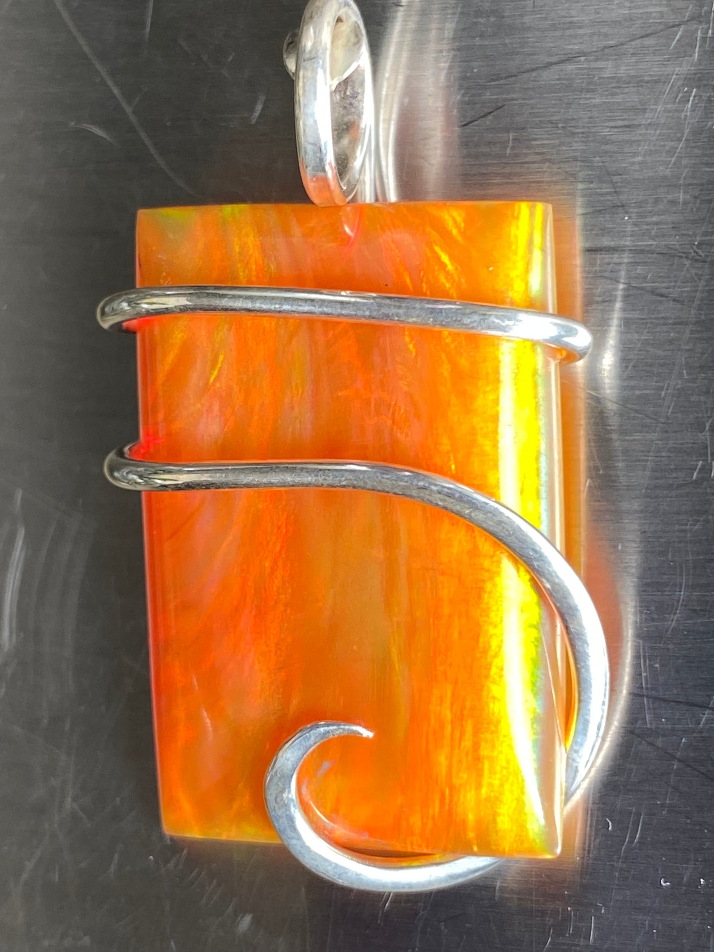 Aurora Borealis Opal in Sterling Silver Tension Wrapped Pendant