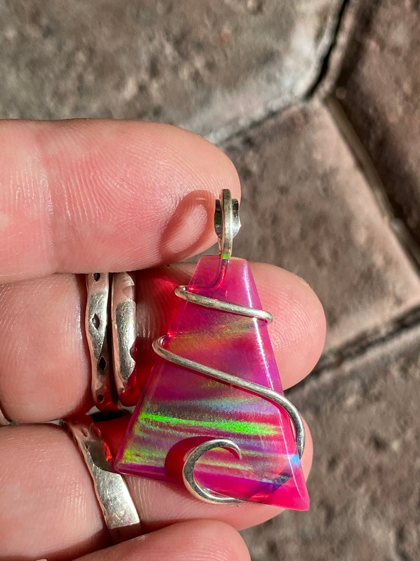 Aurora Borealis Opal in Sterling Silver Tension Wrapped Pendant