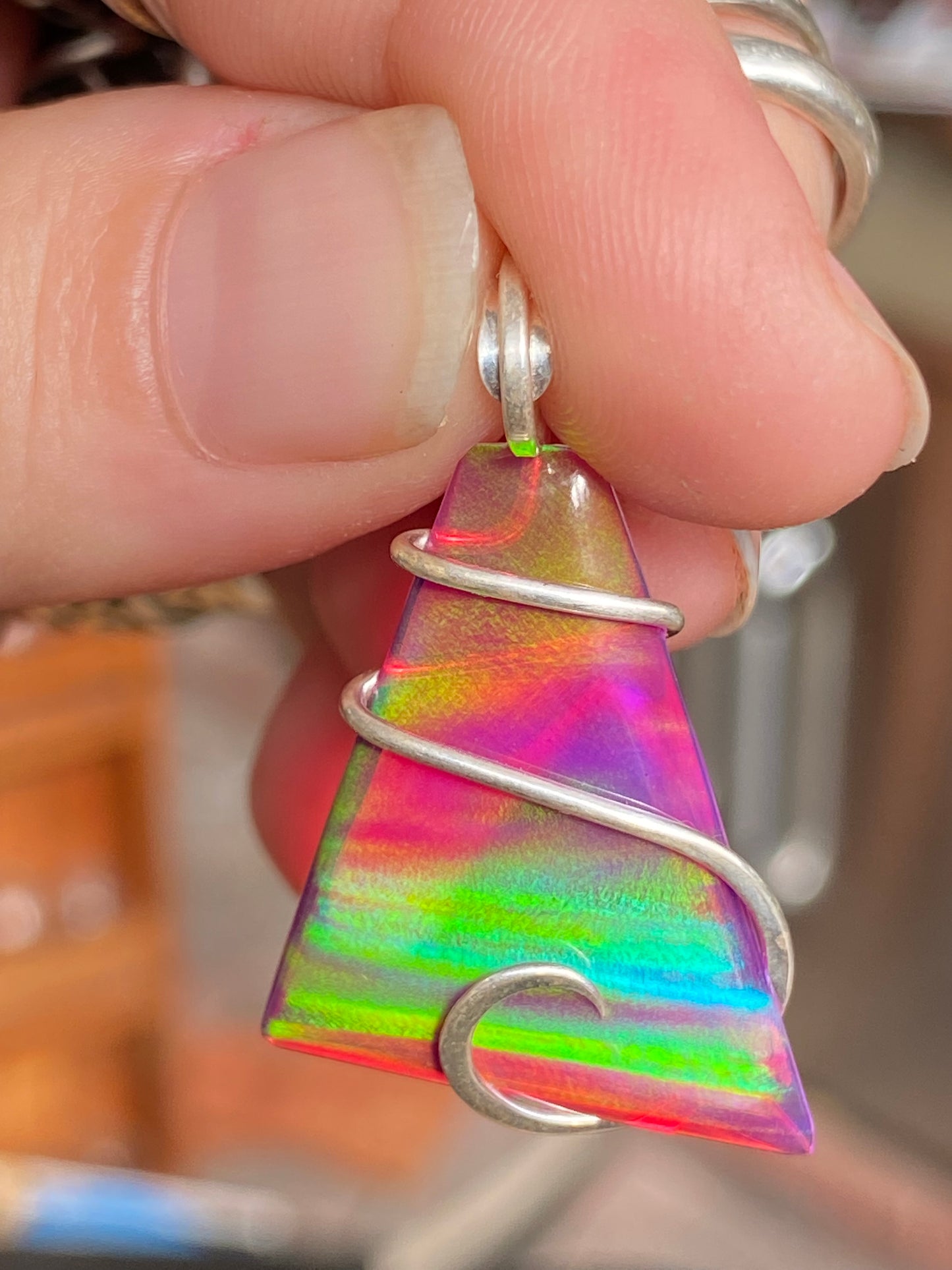 Aurora Borealis Opal in Sterling Silver Tension Wrapped Pendant