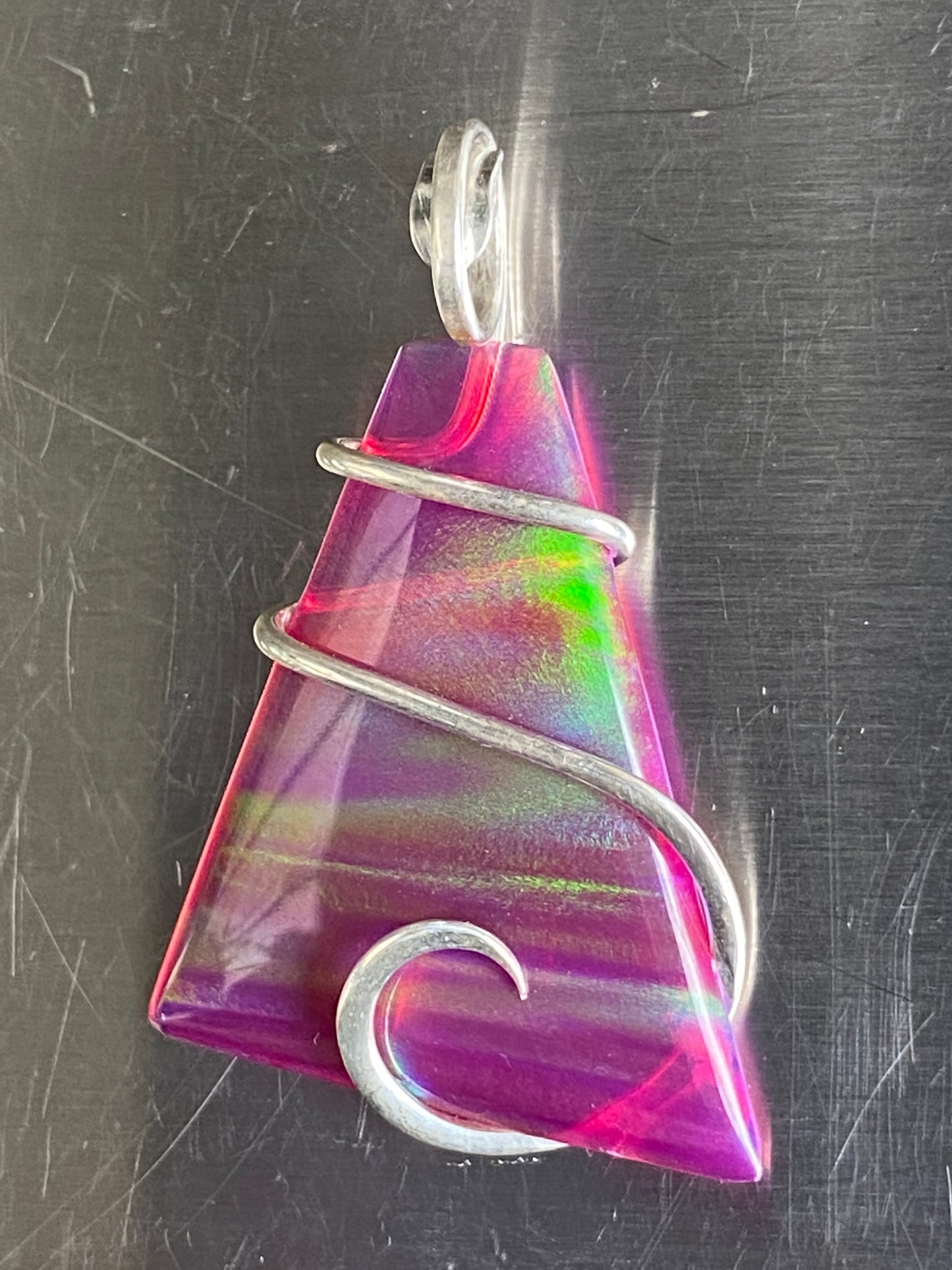 Aurora Borealis Opal in Sterling Silver Tension Wrapped Pendant