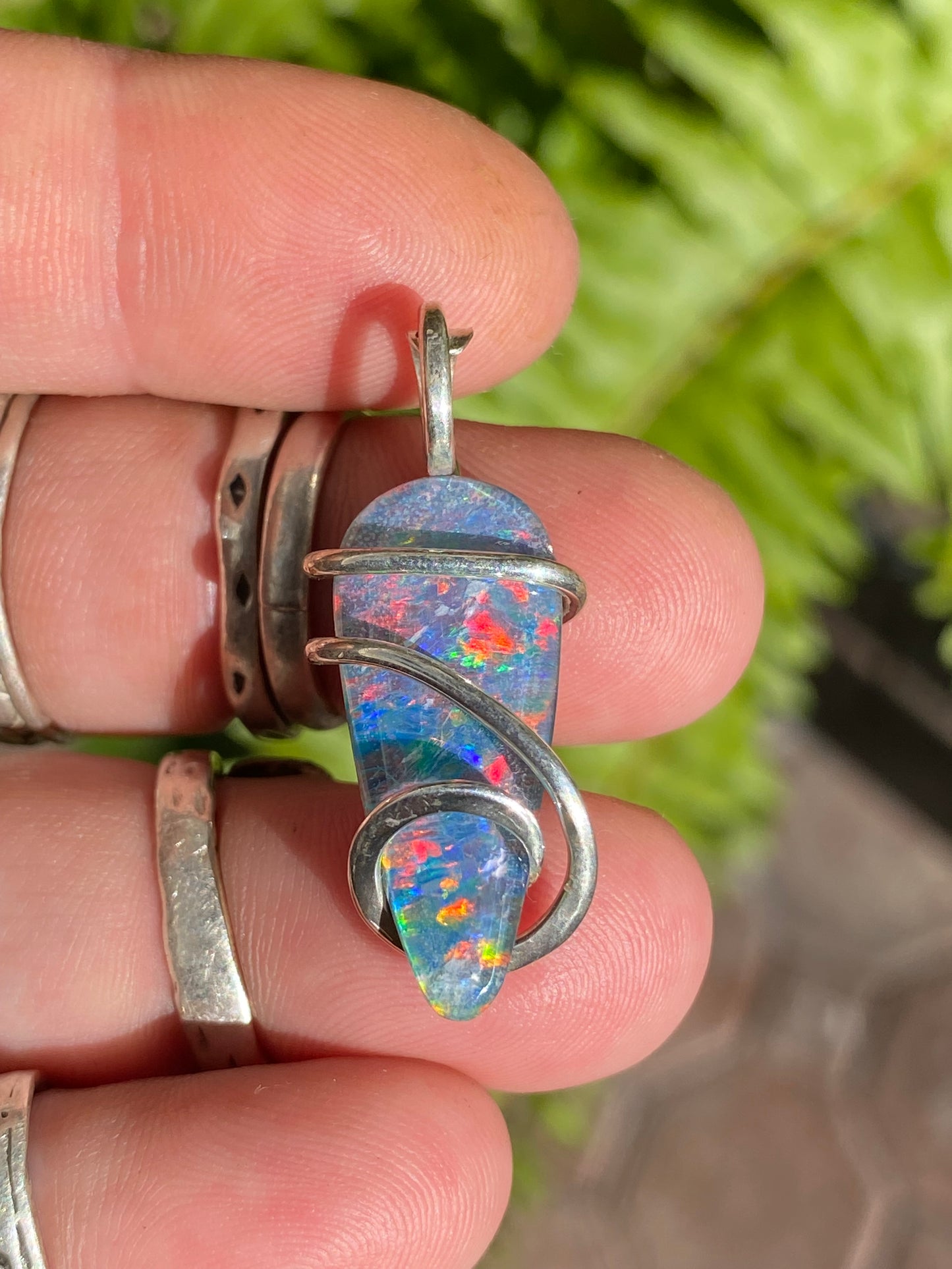 Opal Triplet in Sterling Silver Tension Wrapped Pendant