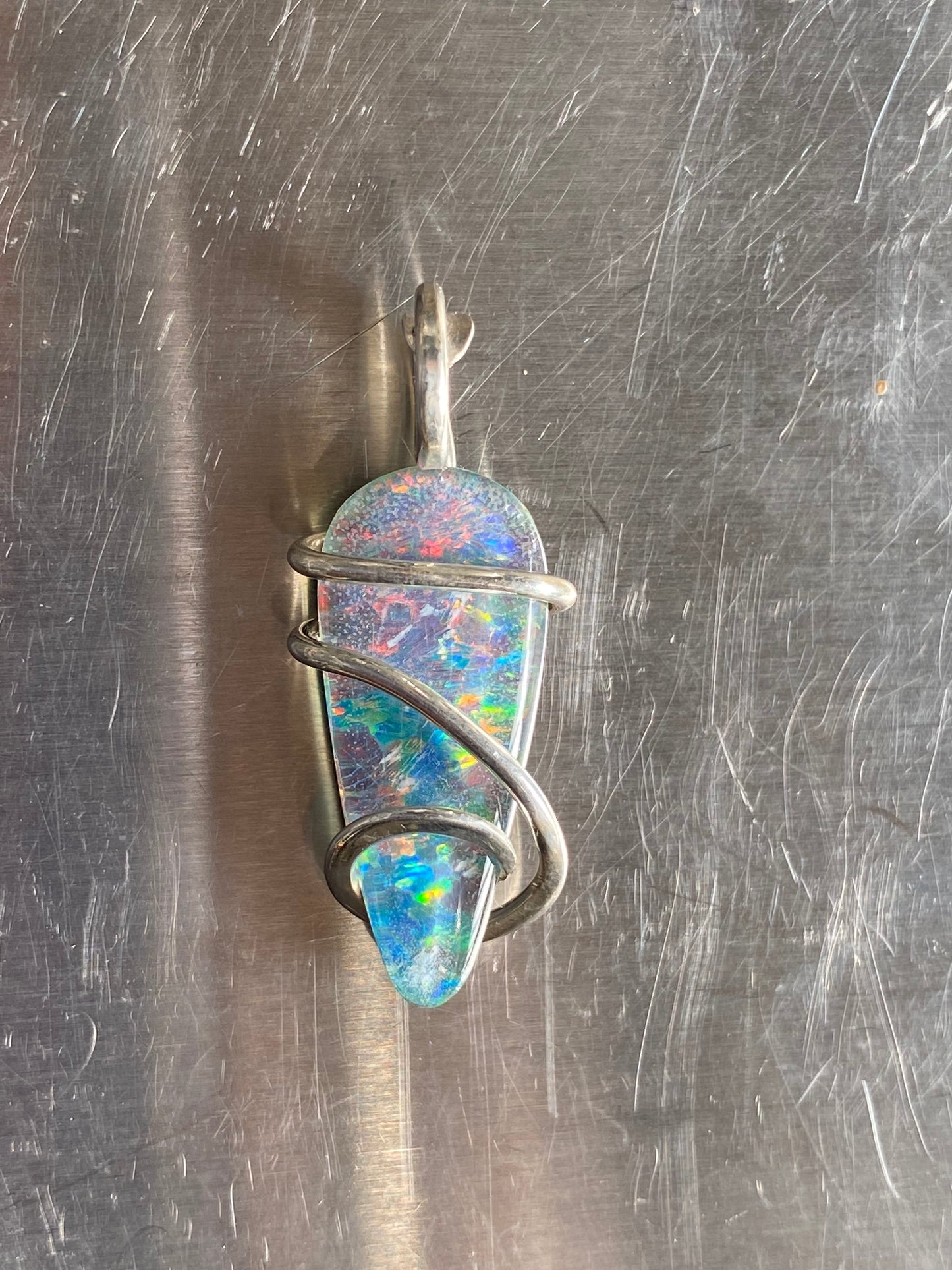 Opal Triplet in Sterling Silver Tension Wrapped Pendant