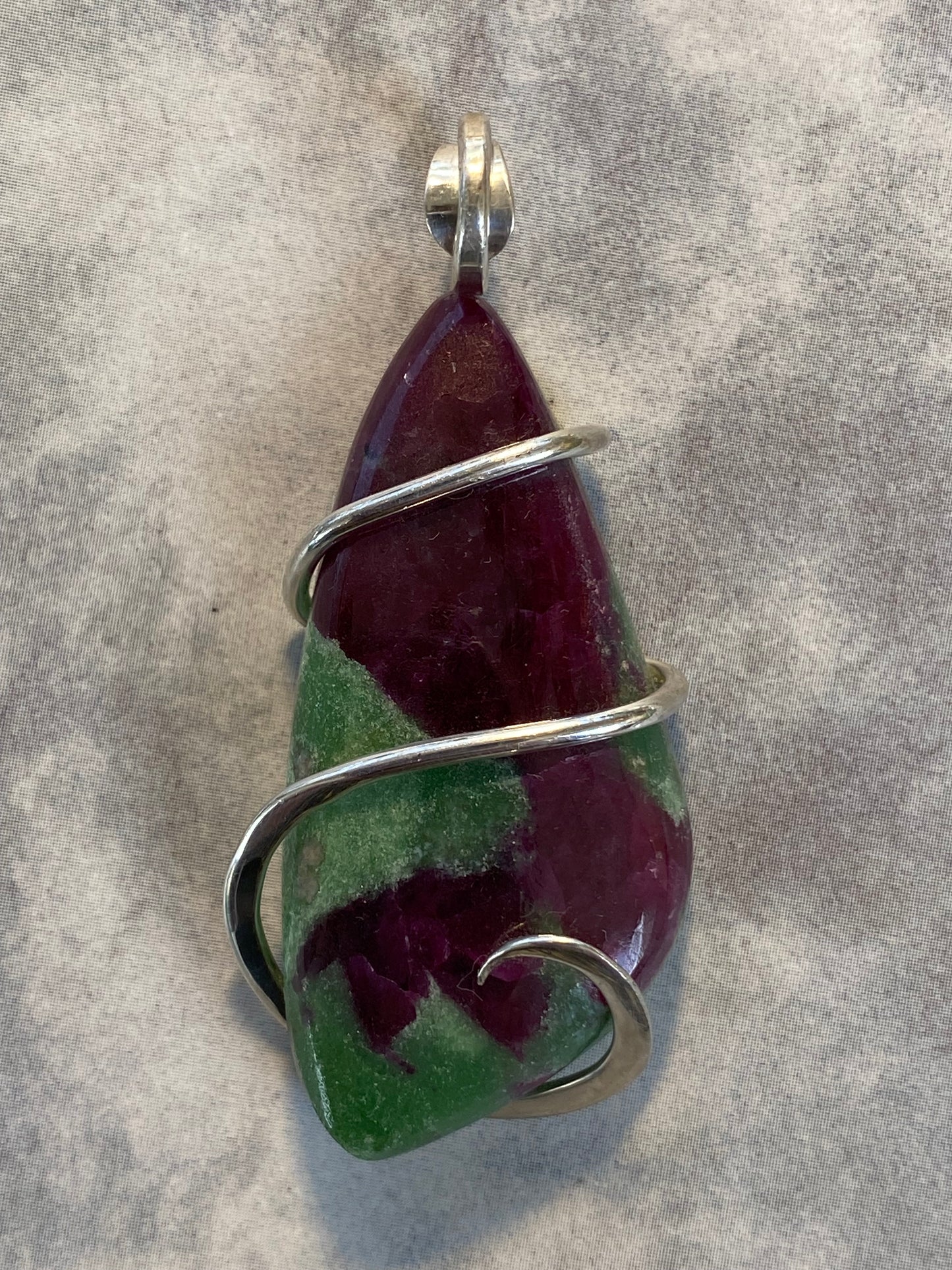 Ruby and Zoisite Cabochon in Sterling Silver Tension Wrapped Pendant
