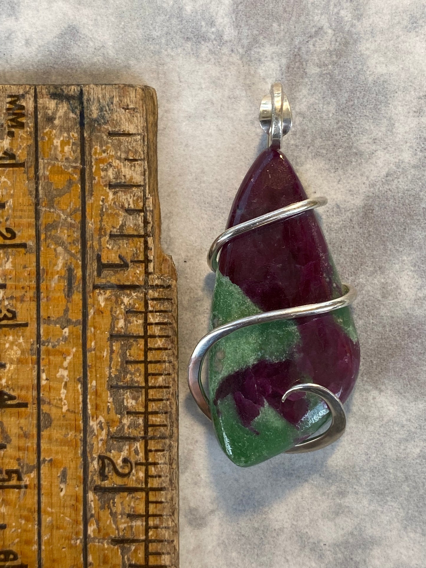 Ruby and Zoisite Cabochon in Sterling Silver Tension Wrapped Pendant