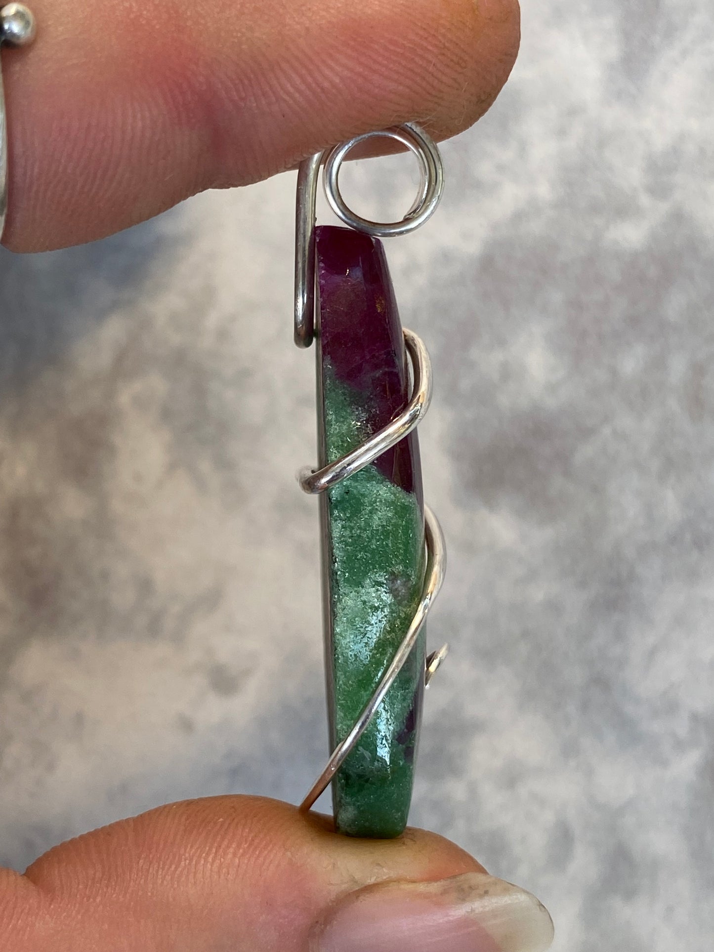 Ruby and Zoisite Cabochon in Sterling Silver Tension Wrapped Pendant