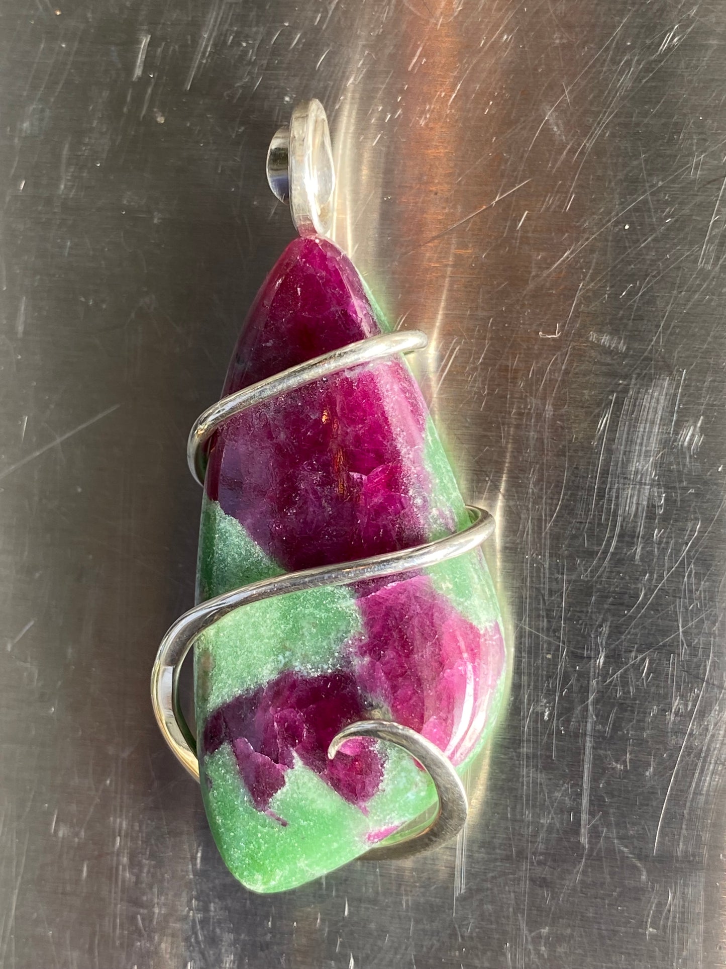 Ruby and Zoisite Cabochon in Sterling Silver Tension Wrapped Pendant