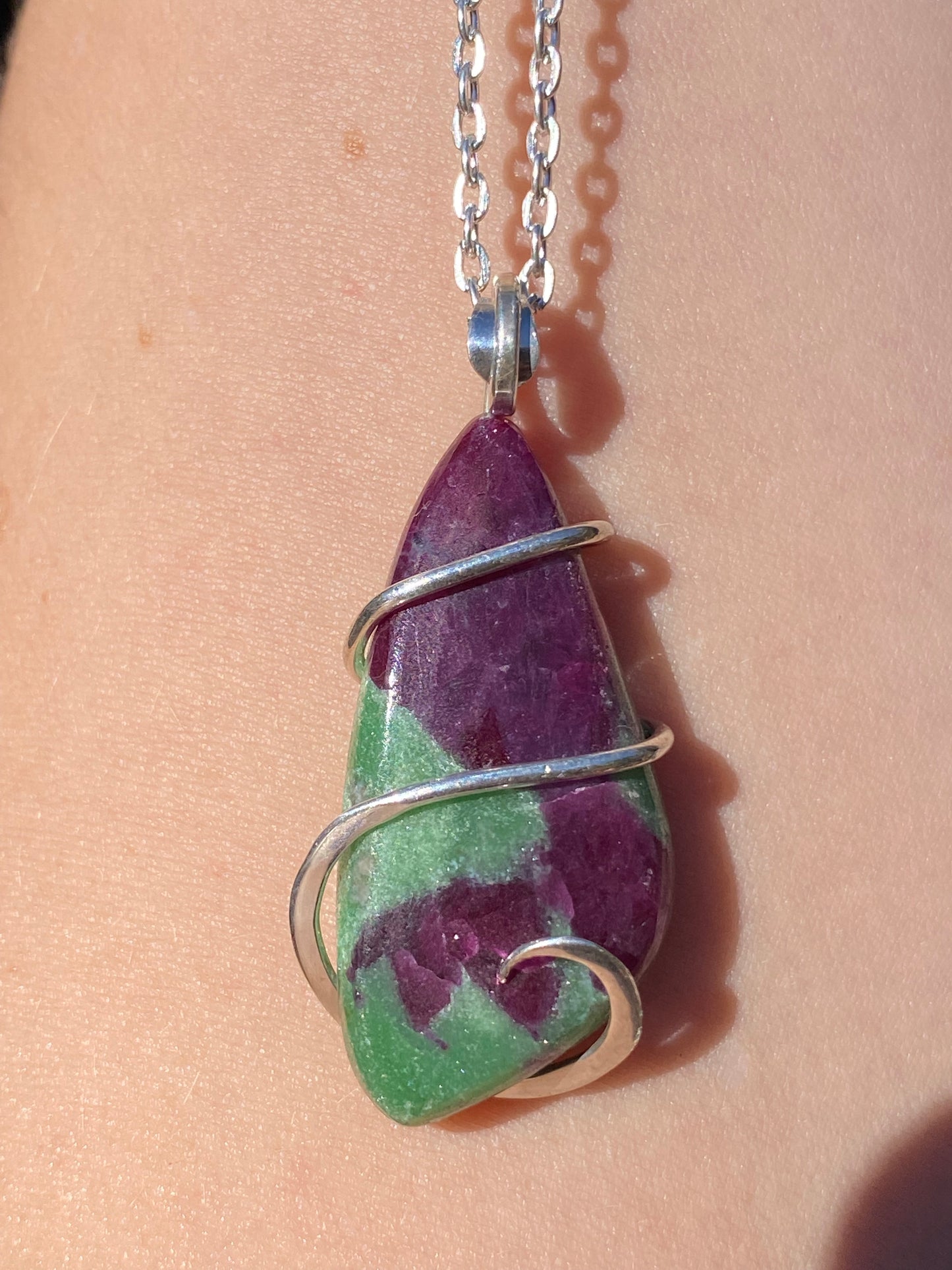 Ruby and Zoisite Cabochon in Sterling Silver Tension Wrapped Pendant