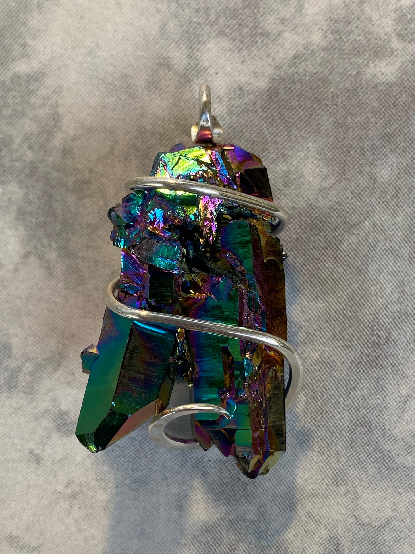 Titanium Infused Quartz Crystal Cluster in Sterling Silver Tension Wrapped Pendant
