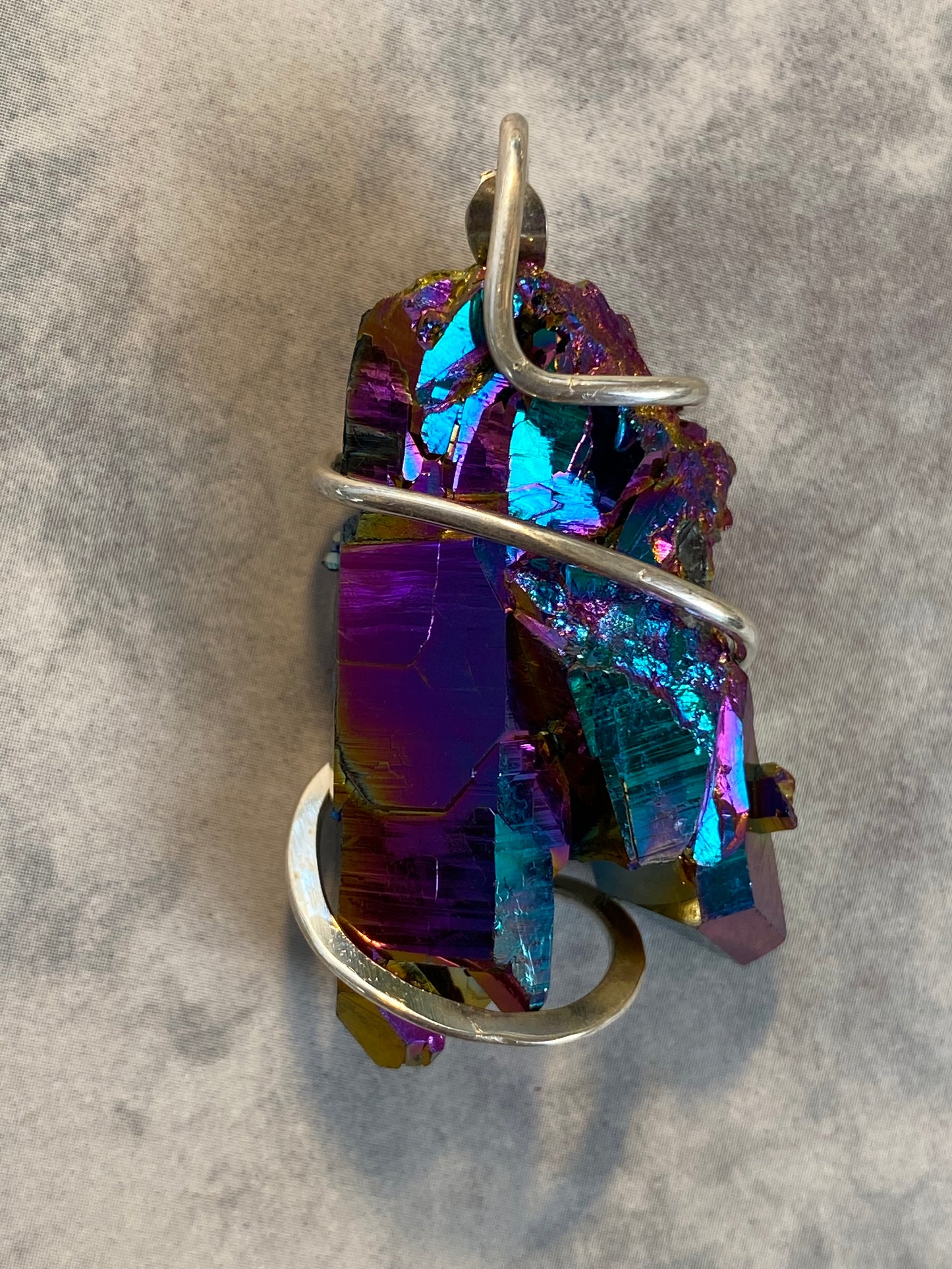 Titanium Infused Quartz Crystal Cluster in Sterling Silver Tension Wrapped Pendant