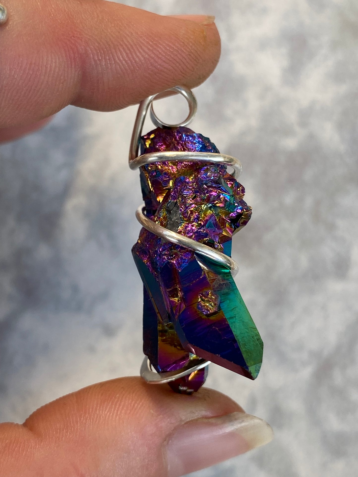 Titanium Infused Quartz Crystal Cluster in Sterling Silver Tension Wrapped Pendant