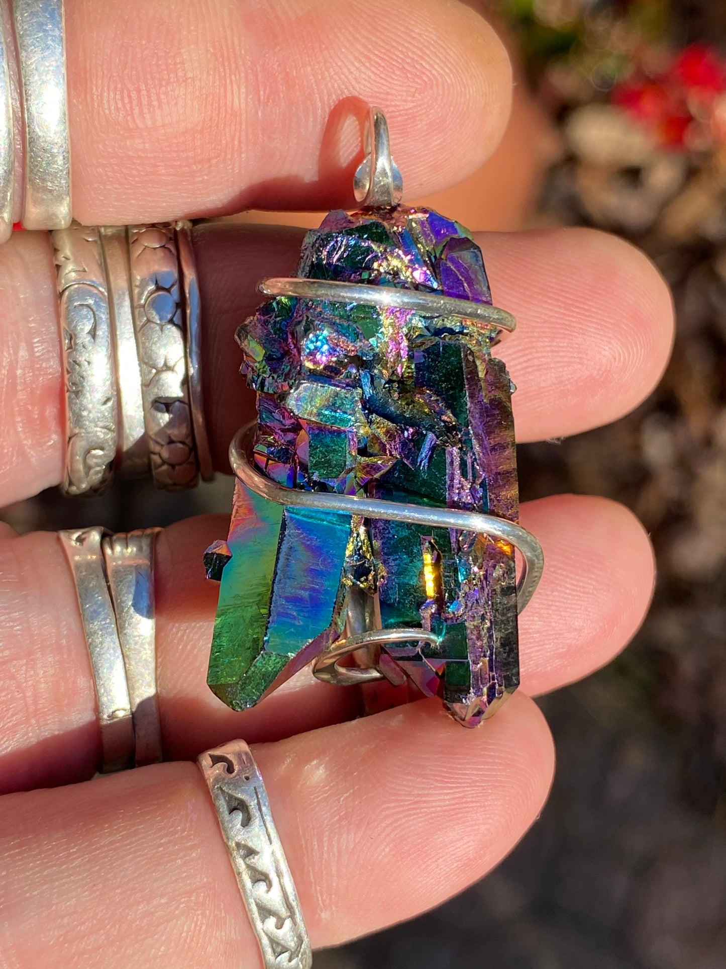 Titanium Infused Quartz Crystal Cluster in Sterling Silver Tension Wrapped Pendant