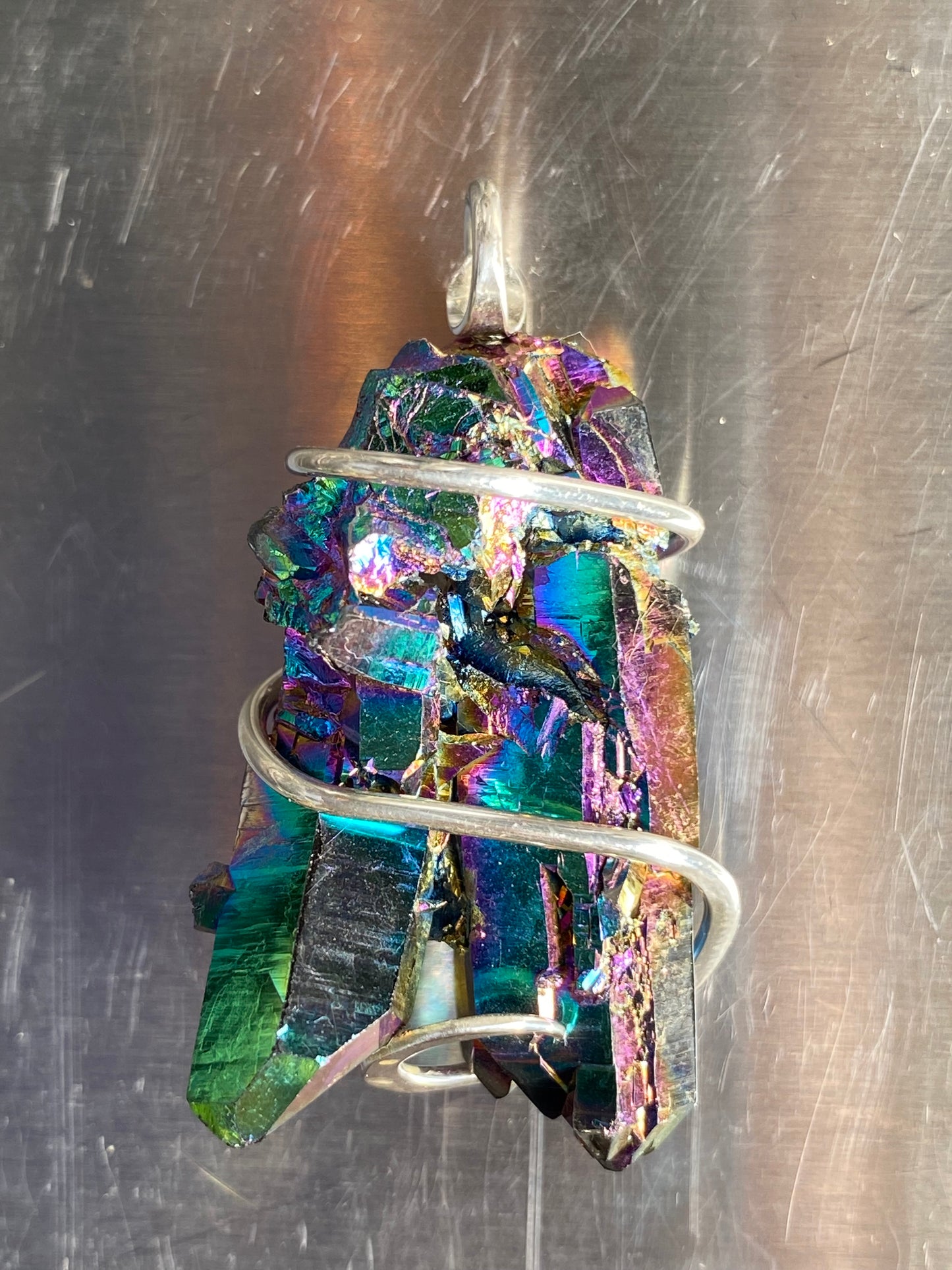 Titanium Infused Quartz Crystal Cluster in Sterling Silver Tension Wrapped Pendant