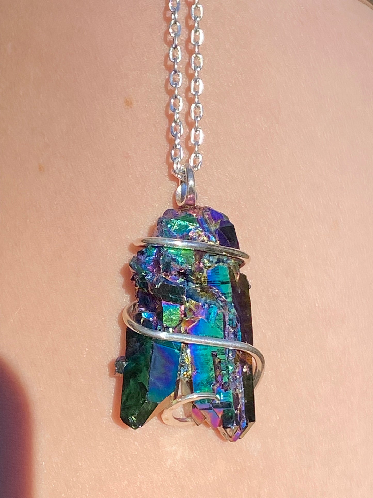 Titanium Infused Quartz Crystal Cluster in Sterling Silver Tension Wrapped Pendant