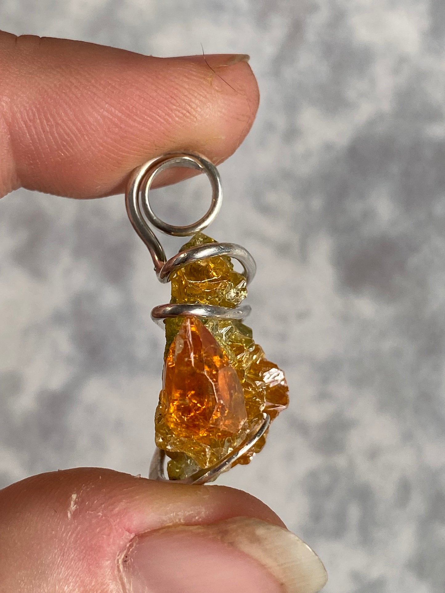 Polish Orange and Green Zincite in Sterling Silver Tension Wrapped Pendant