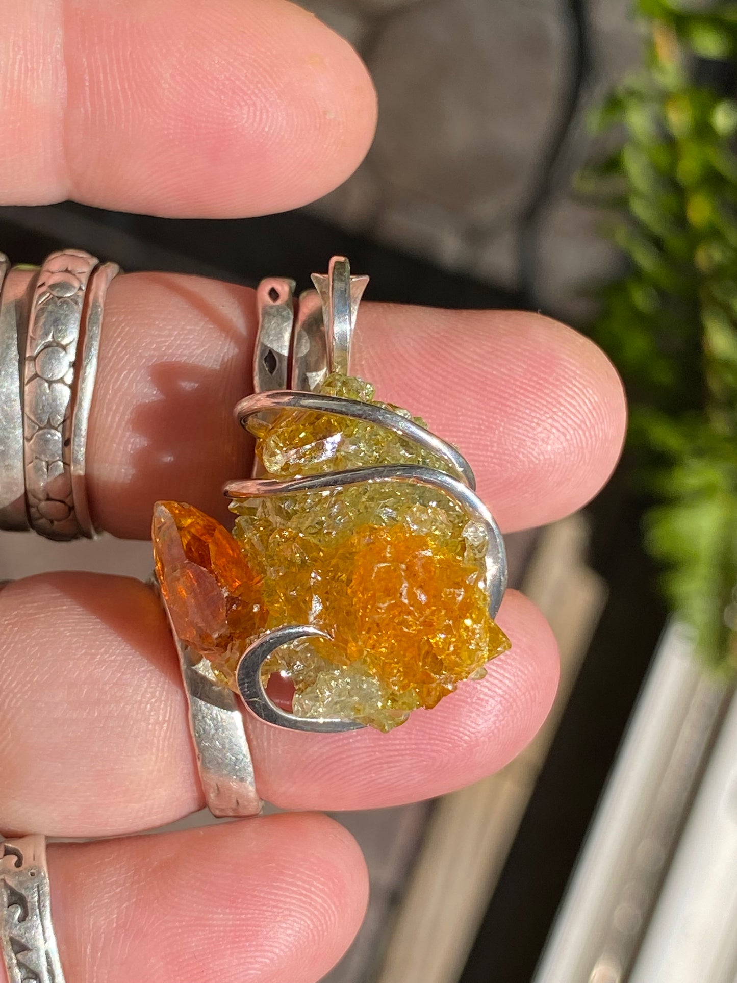 Polish Orange and Green Zincite in Sterling Silver Tension Wrapped Pendant