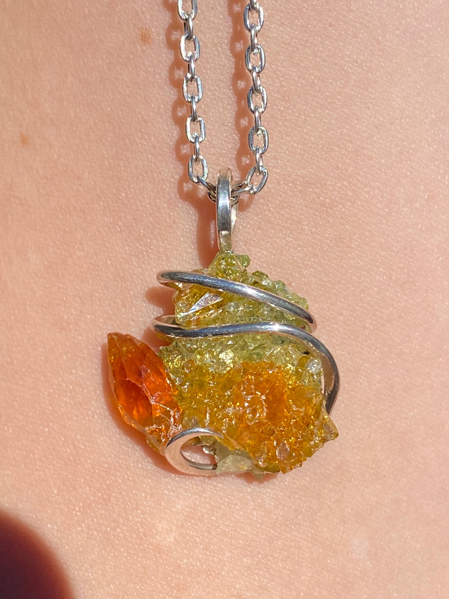 Polish Orange and Green Zincite in Sterling Silver Tension Wrapped Pendant