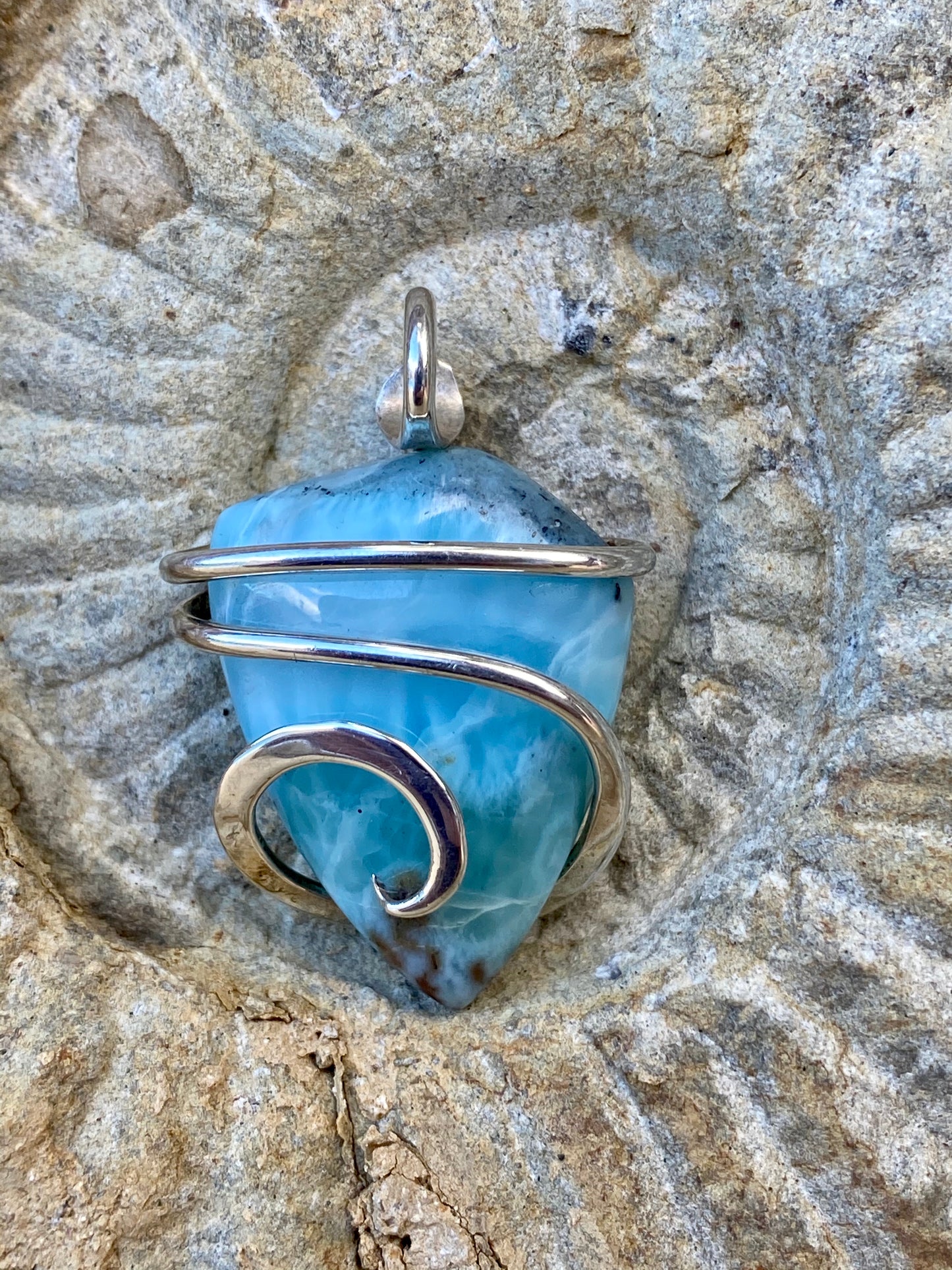 Larimar Cabochon in Sterling Silver Tension Wrapped Pendant