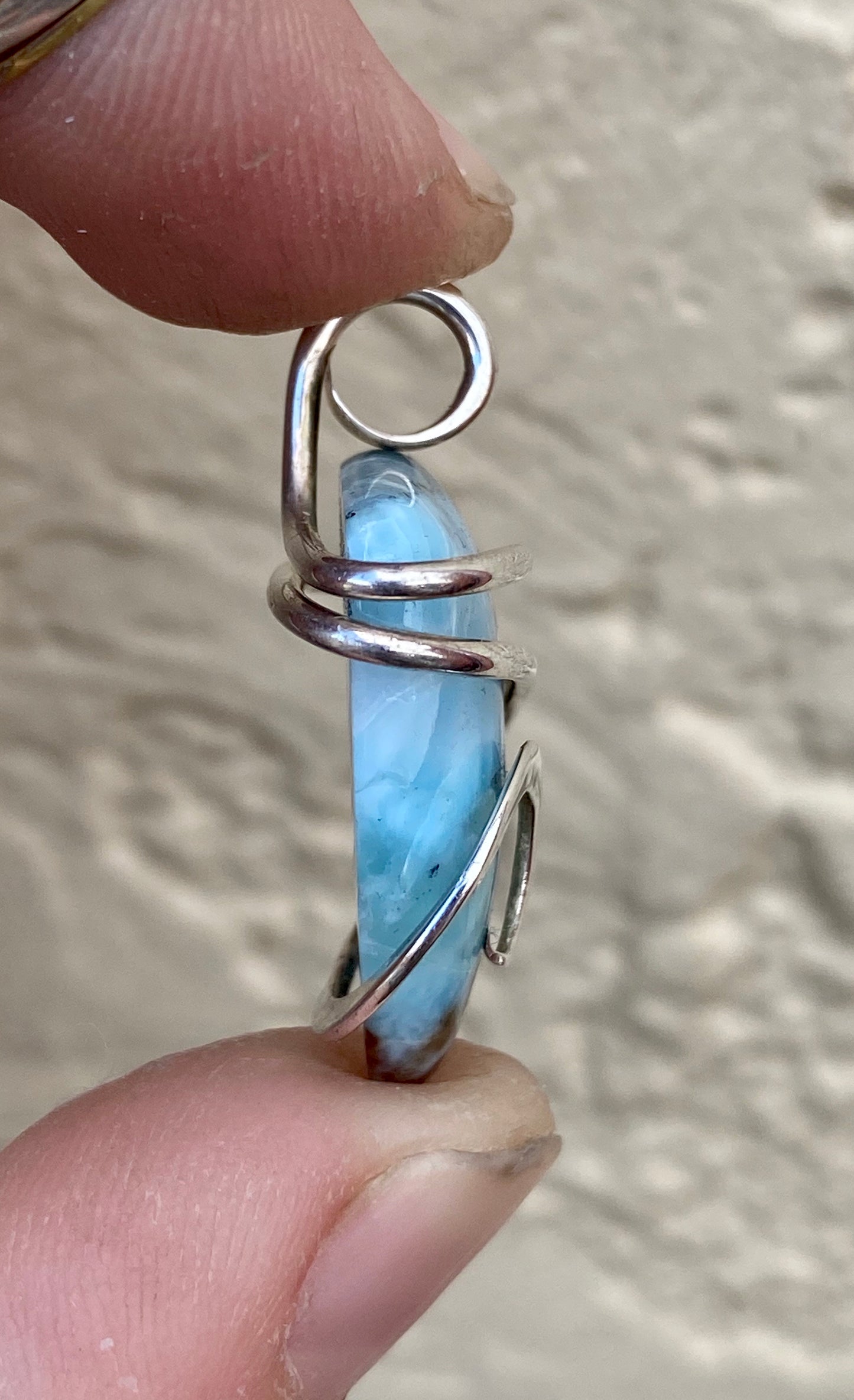 Larimar Cabochon in Sterling Silver Tension Wrapped Pendant