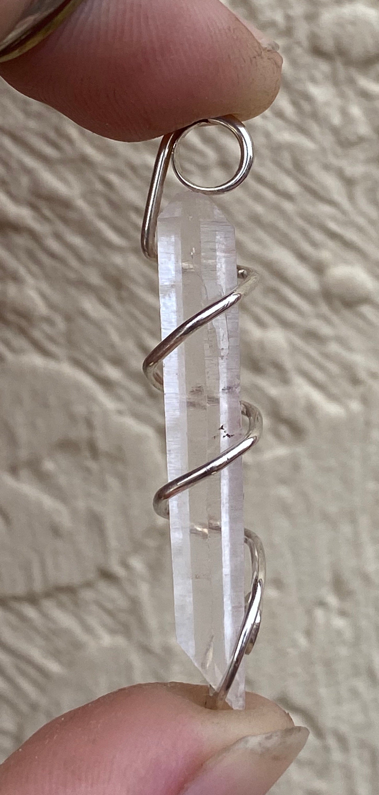 Quartz Crystal in Sterling Silver Tension Wrapped Pendant