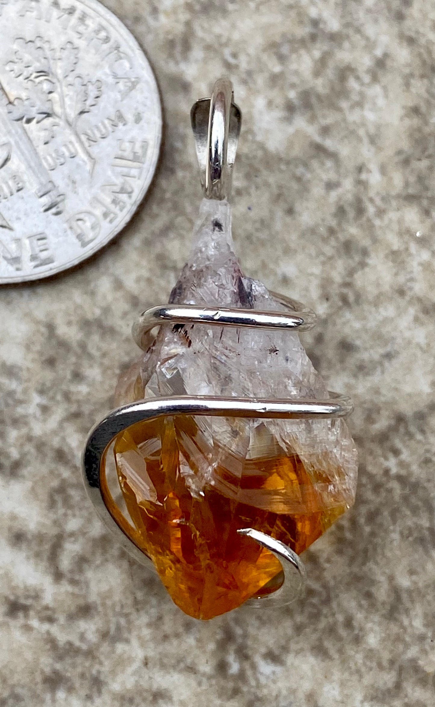 Citrine Crystal in Sterling Silver Tension Wrapped Pendant