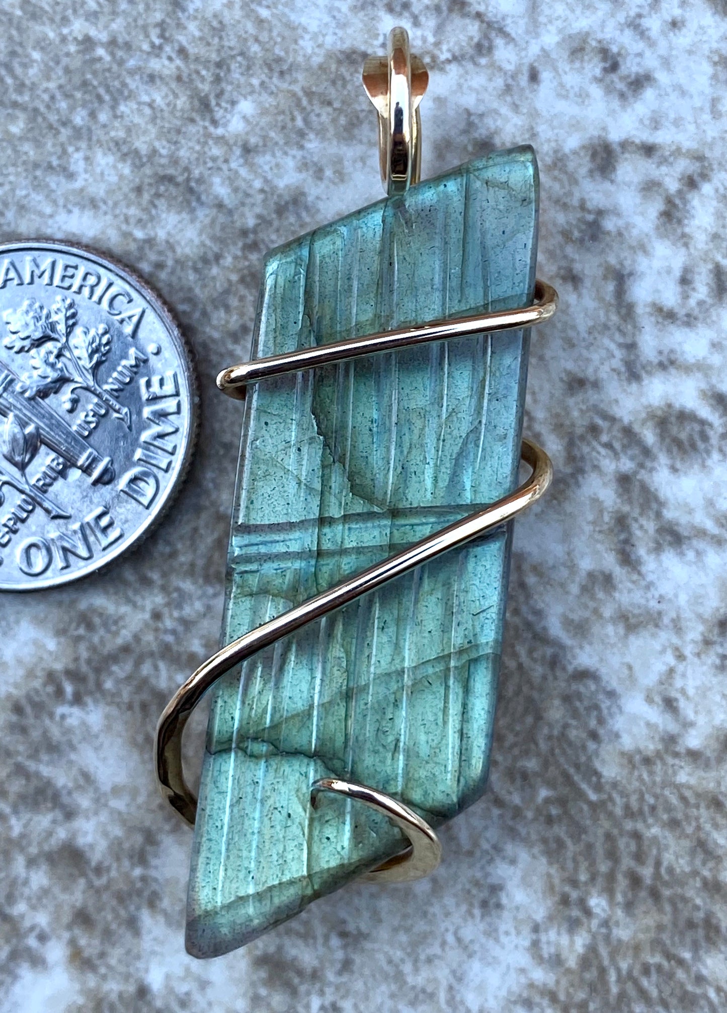 Carved Labradorite Cabochon in 14kt Gold Tension Wrapped Pendant