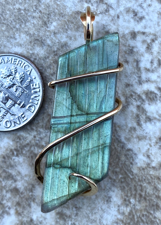 Carved Labradorite Cabochon in 14kt Gold Tension Wrapped Pendant