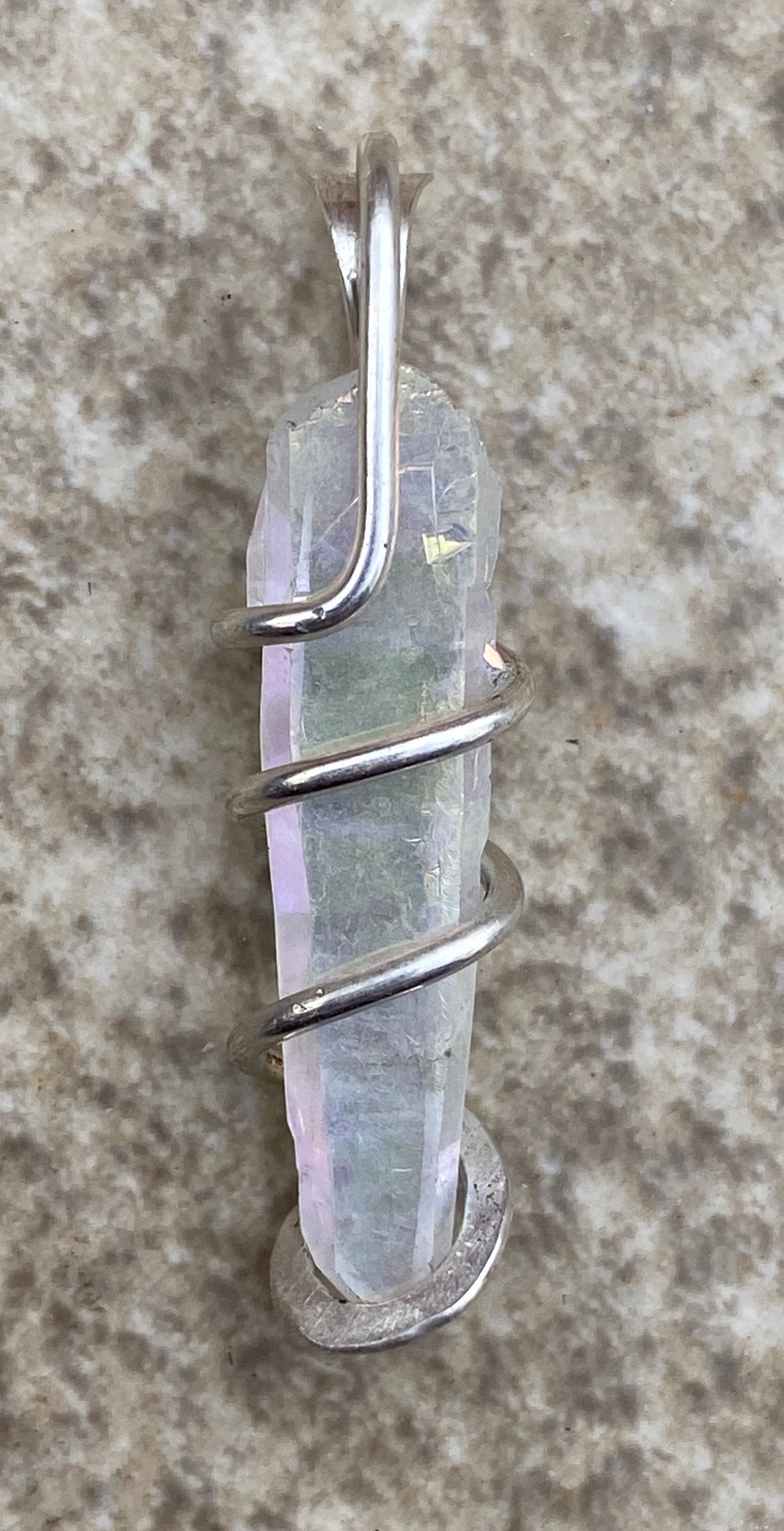 Platinum Infused Quartz Crystal in Sterling Silver Tension Wrapped Pendant