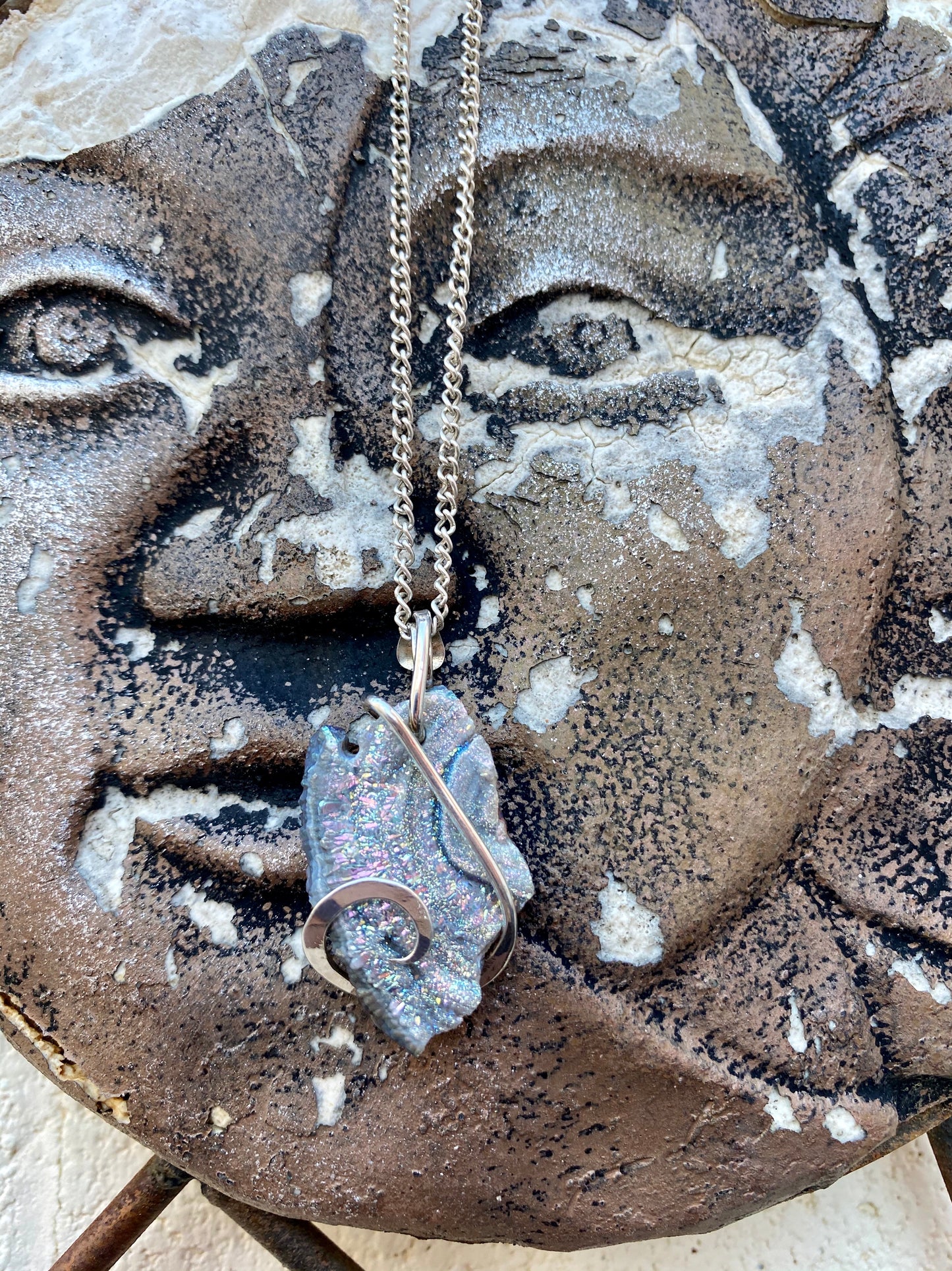 Platinum Infused Druzy in Sterling Silver Tension Wrapped Pendant