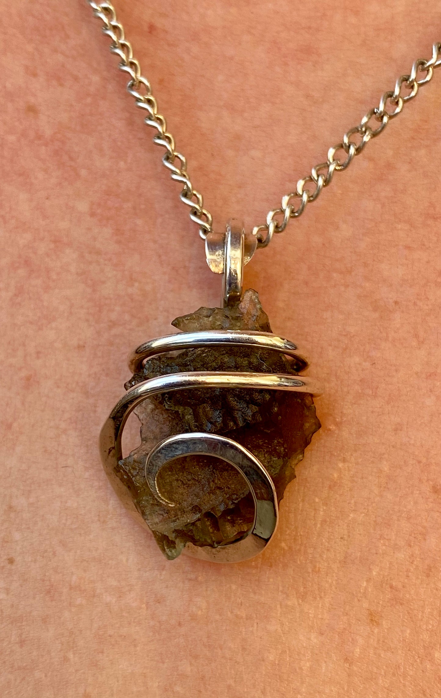 Moldavite in Sterling Silver Tension Wrapped Pendant
