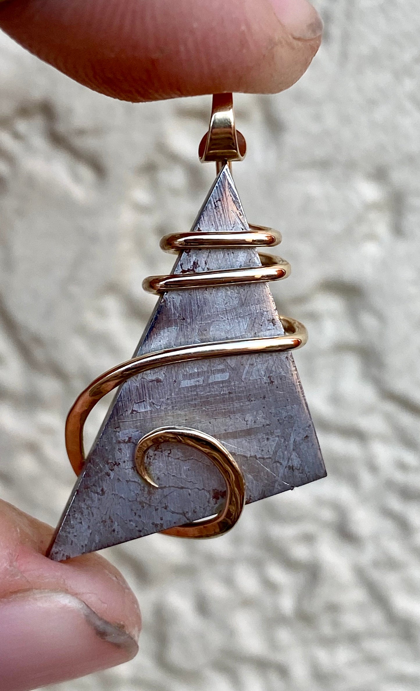 Sliced Meteorite in 14kt Gold Tension Wrapped Pendant