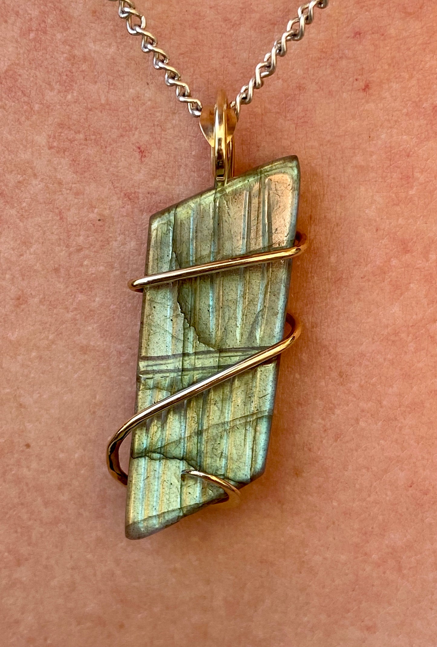 Carved Labradorite Cabochon in 14kt Gold Tension Wrapped Pendant