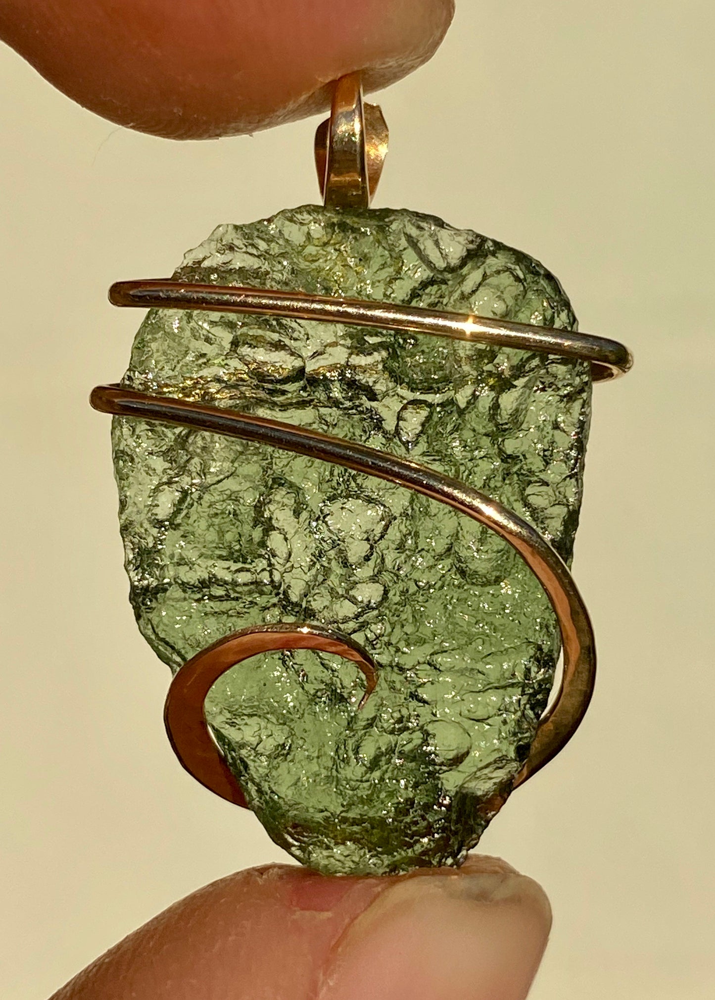 Moldavite in 14kt Gold Tension Wrapped Pendant
