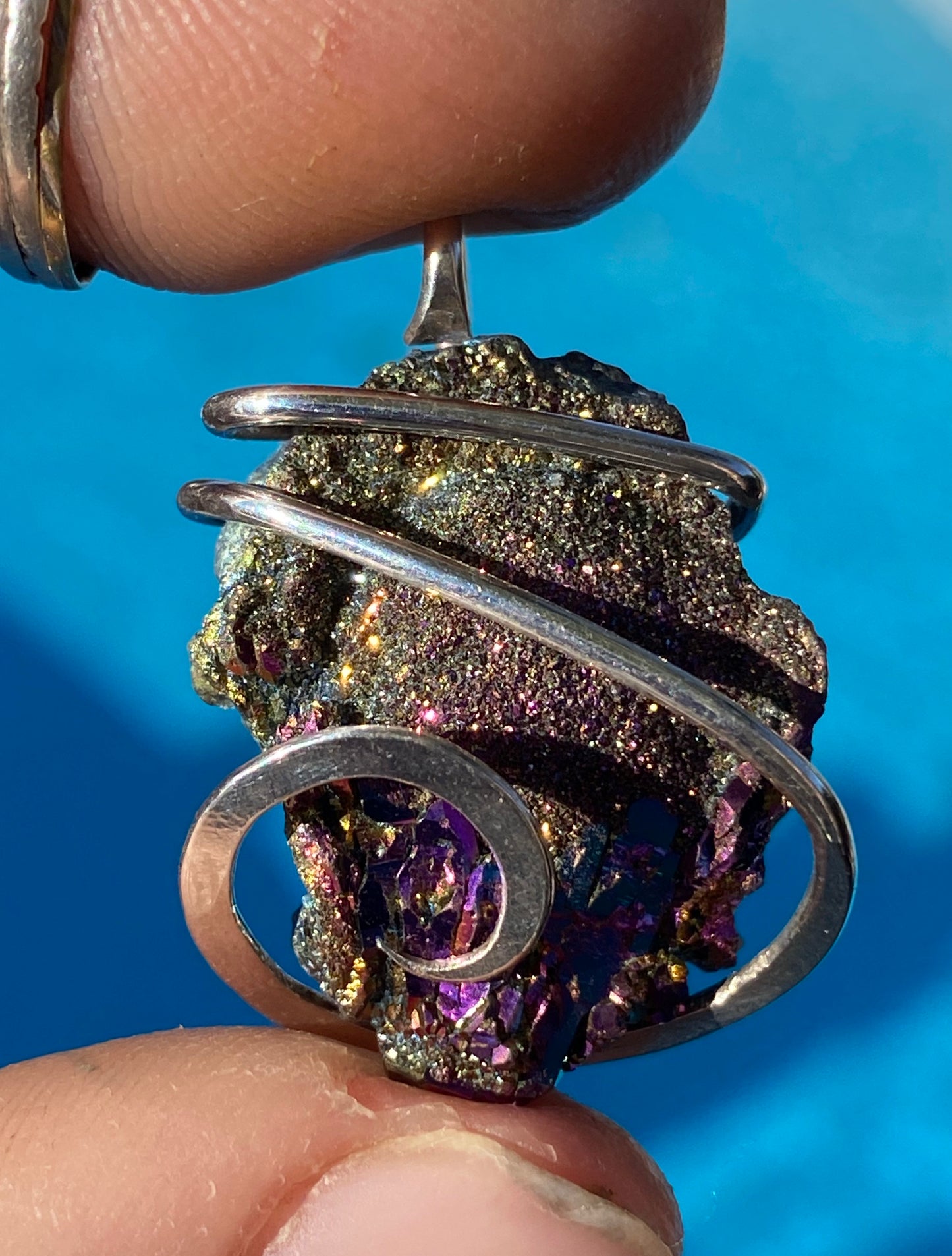 Titanium Infused Druzy in Sterling Silver Tension Wrapped Pendant