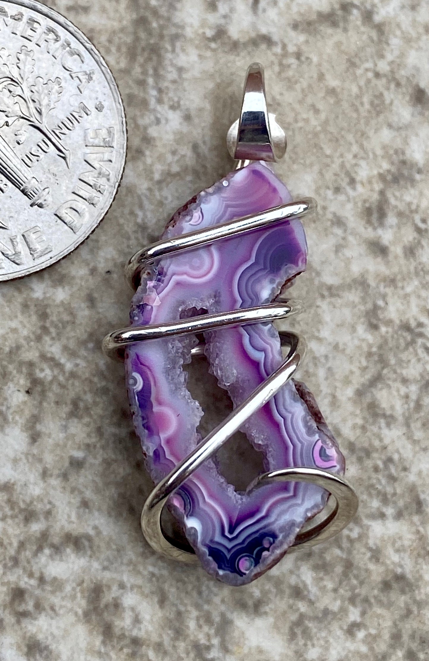 Dyed Oco Geode Slice in Sterling Silver Tension Wrapped Pendant
