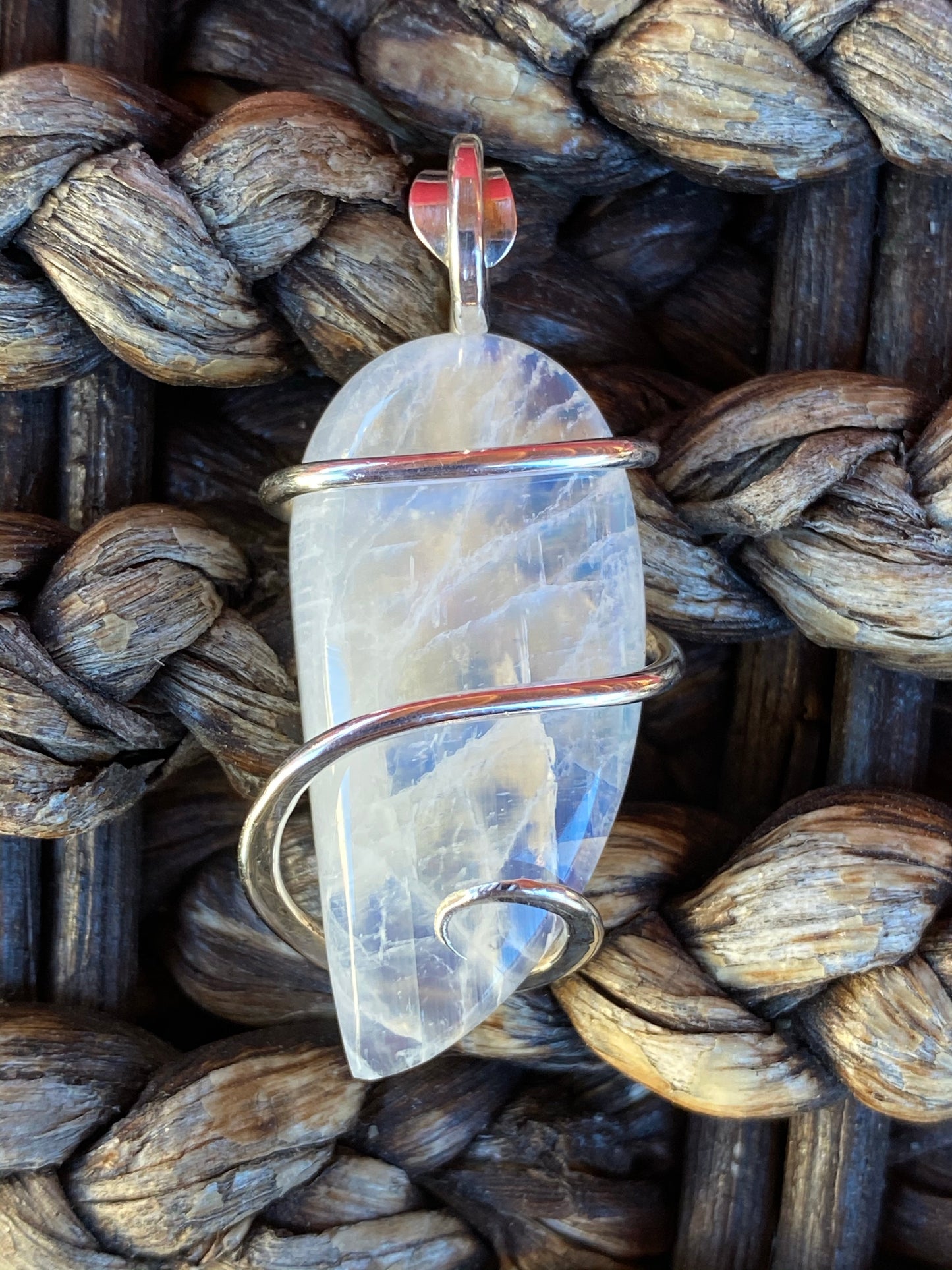 Moonstone Cabochon in Sterling Silver Tension Wrapped Pendant