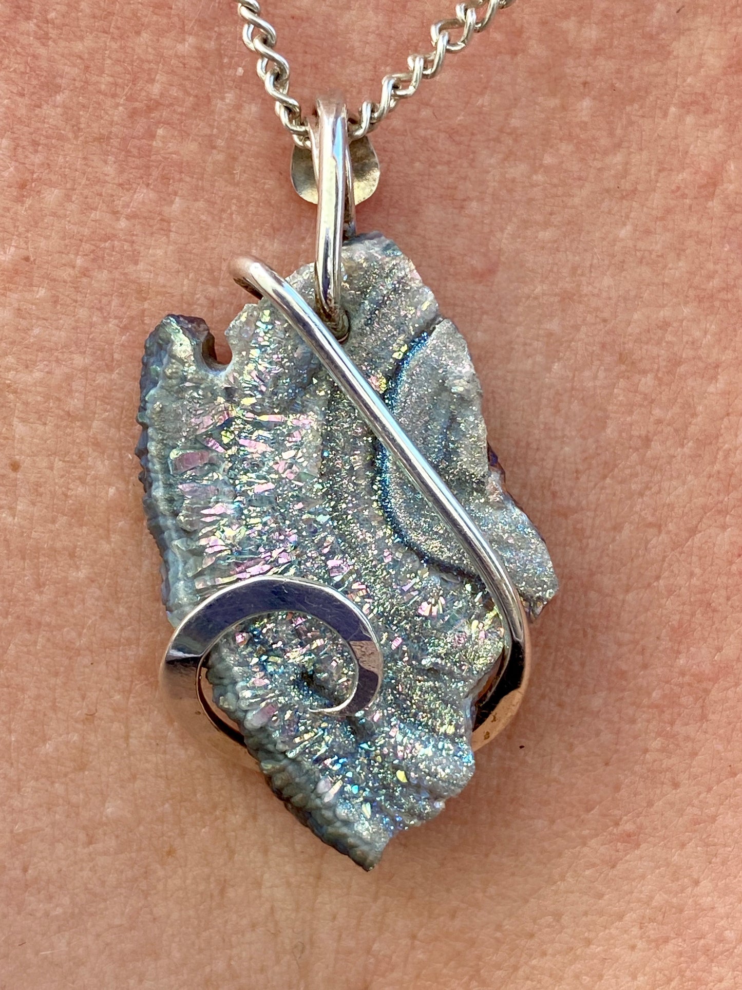 Platinum Infused Druzy in Sterling Silver Tension Wrapped Pendant