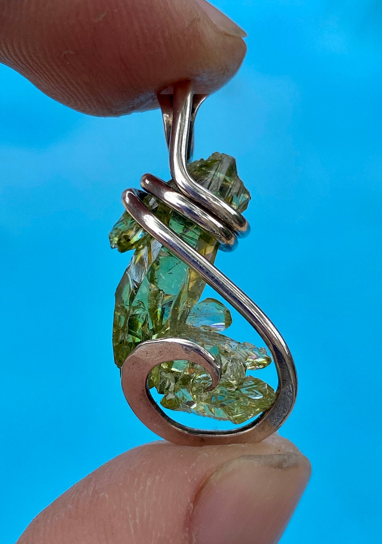 Polish Green Zincite in Sterling Silver Tension Wrapped Pendant