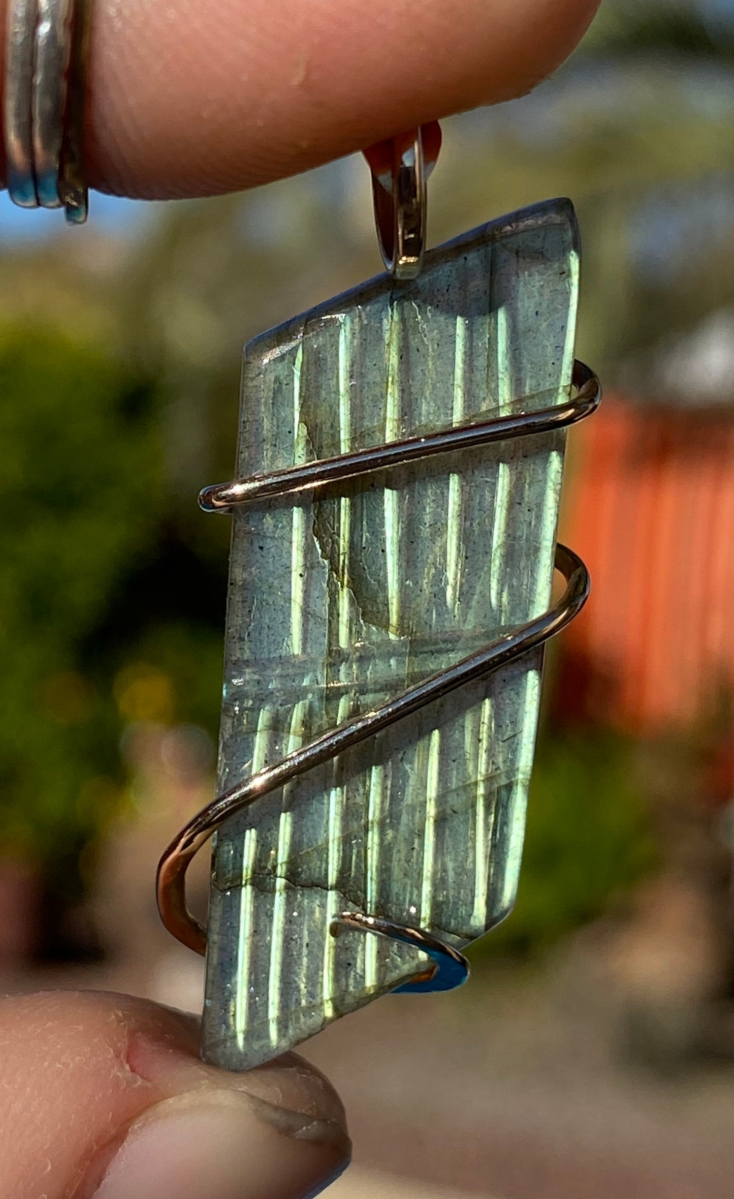 Carved Labradorite Cabochon in 14kt Gold Tension Wrapped Pendant