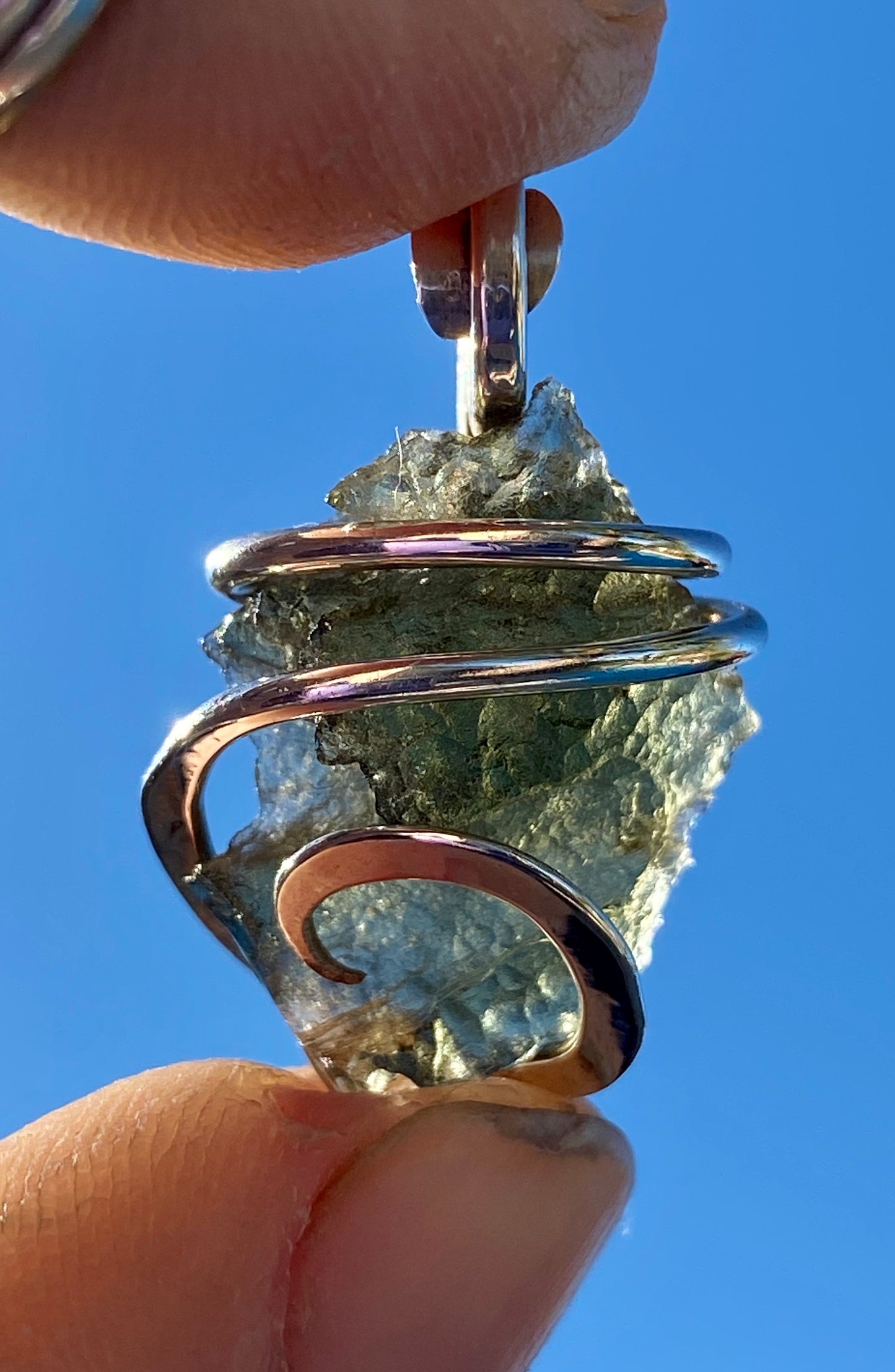 Moldavite in Sterling Silver Tension Wrapped Pendant