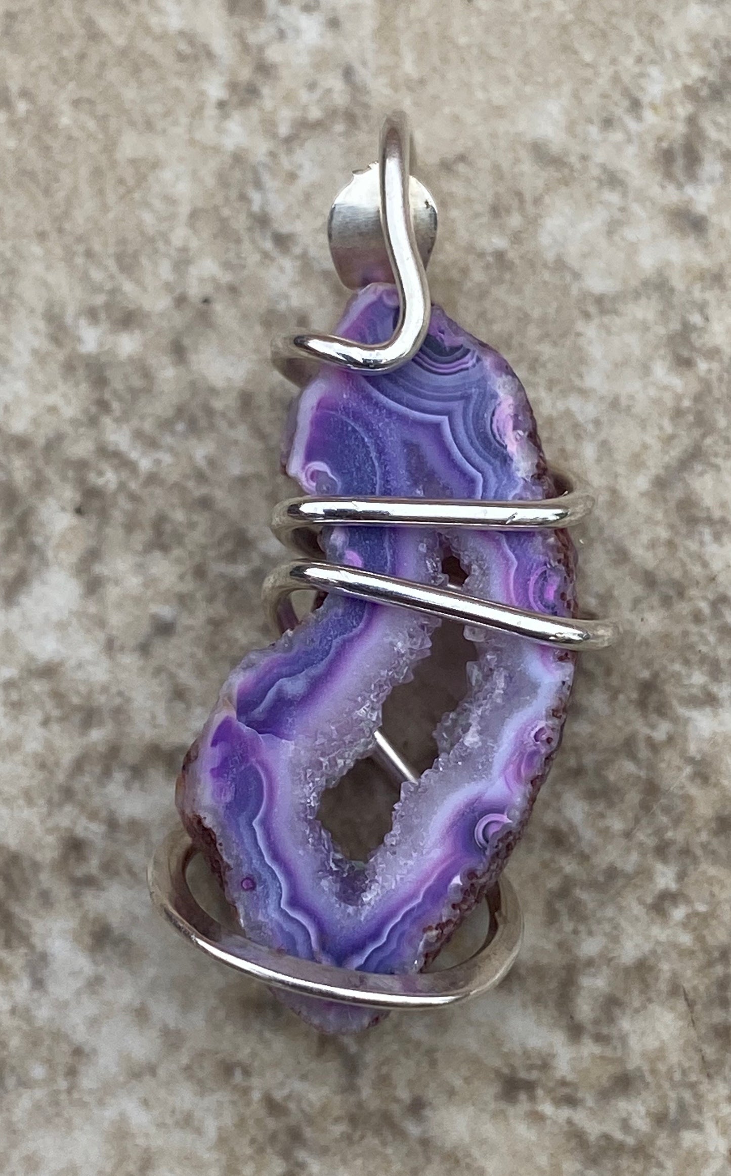Dyed Oco Geode Slice in Sterling Silver Tension Wrapped Pendant