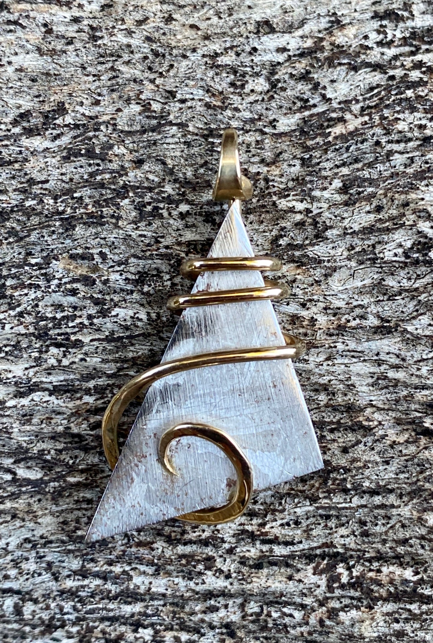 Sliced Meteorite in 14kt Gold Tension Wrapped Pendant