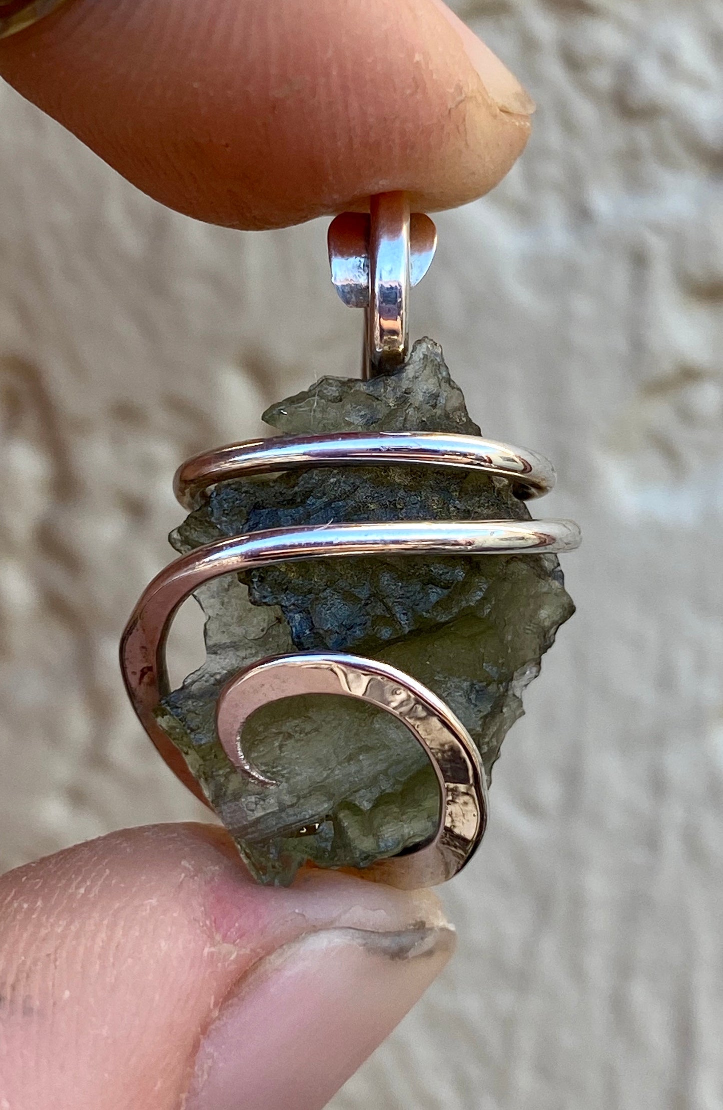 Moldavite in Sterling Silver Tension Wrapped Pendant