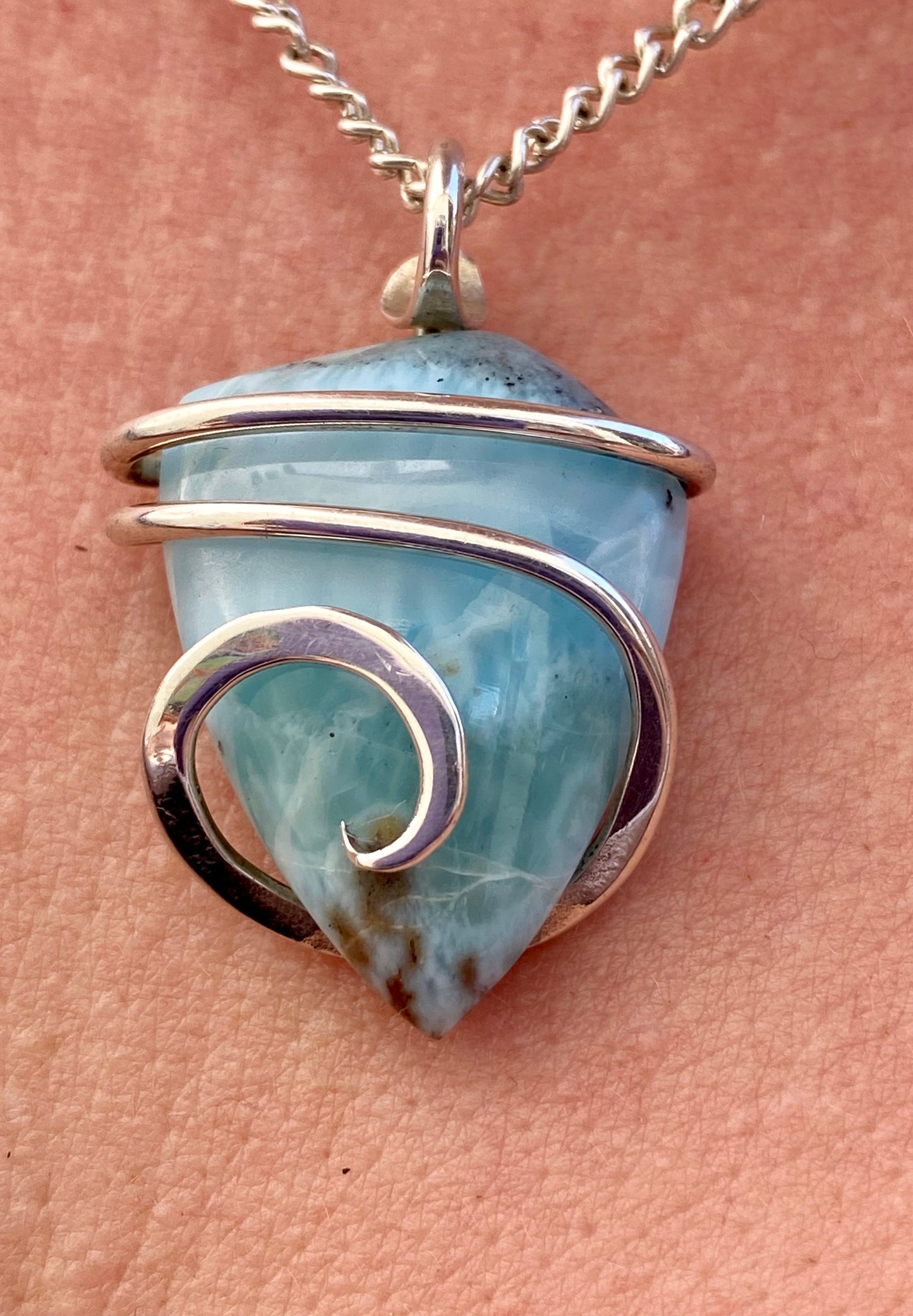 Larimar Cabochon in Sterling Silver Tension Wrapped Pendant