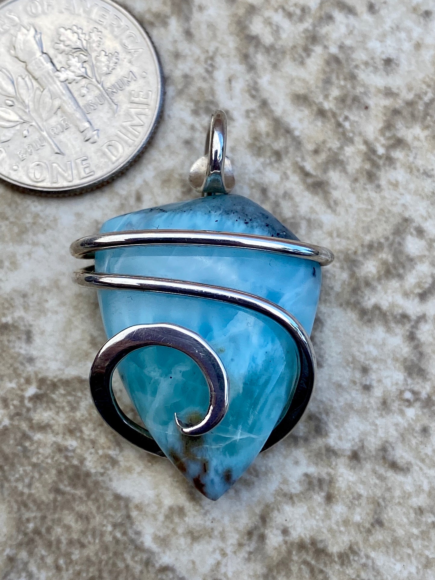 Larimar Cabochon in Sterling Silver Tension Wrapped Pendant