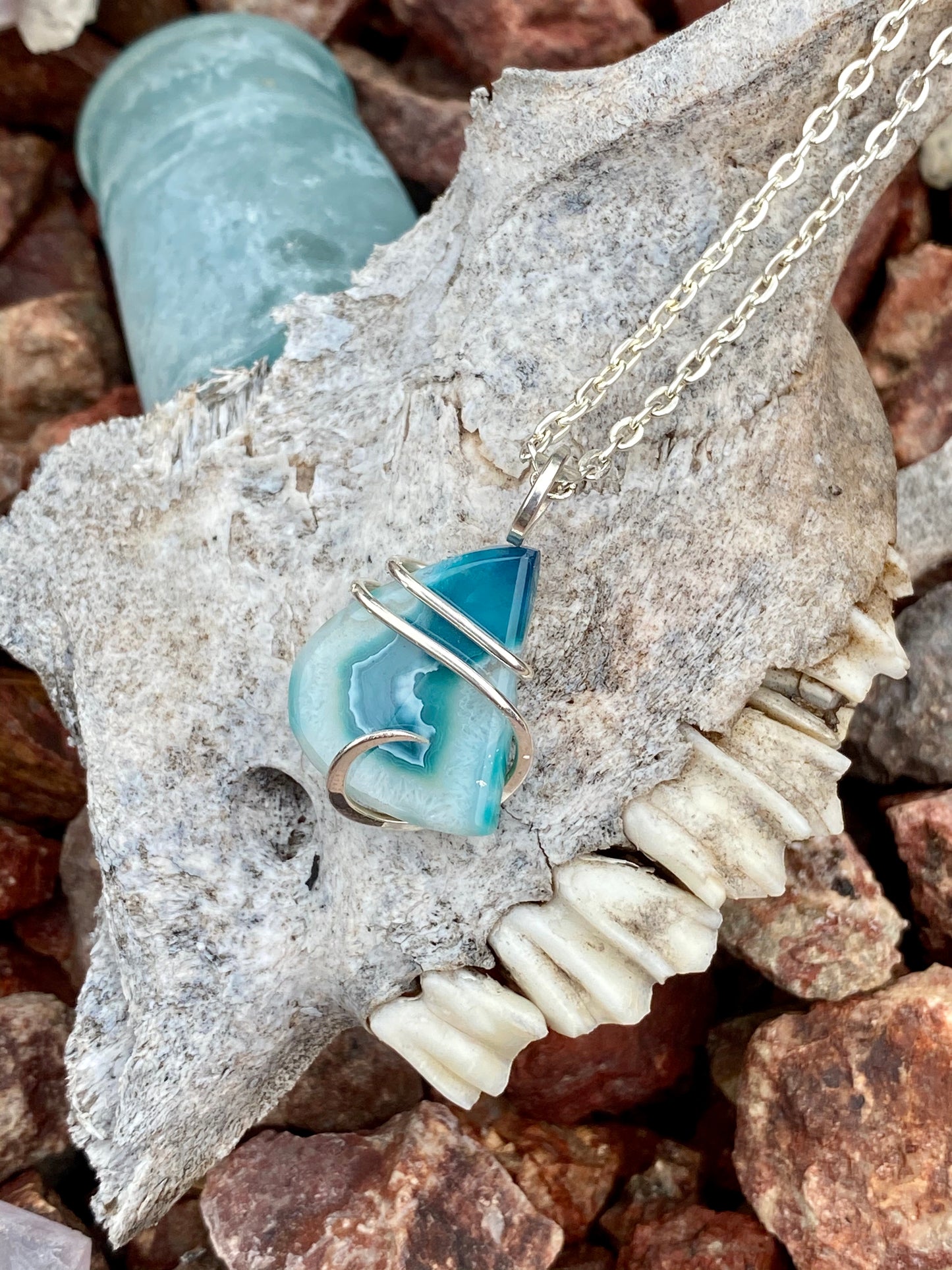 Dyed Agate Slice in Sterling Silver Tension Wrapped Pendant