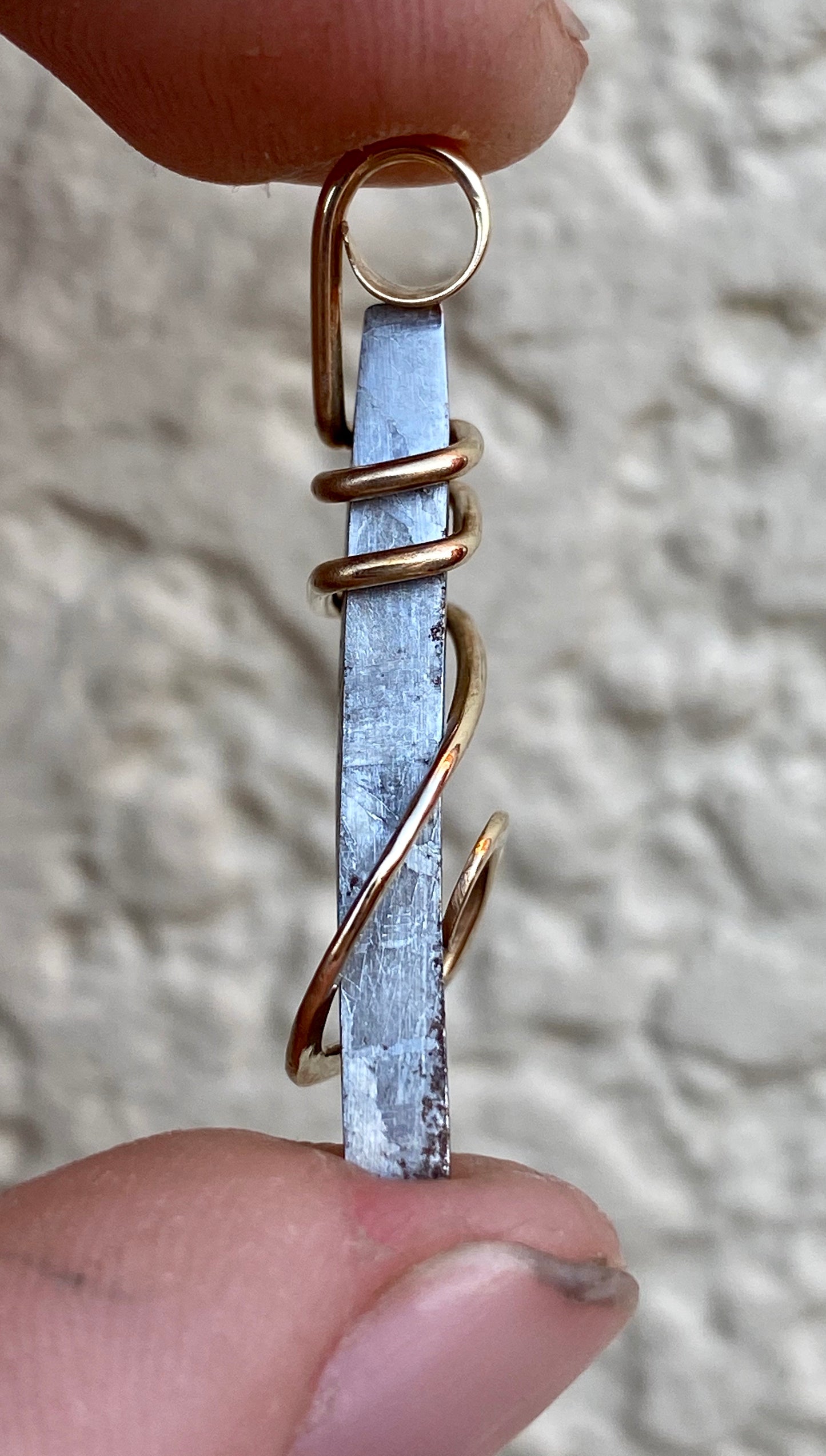 Sliced Meteorite in 14kt Gold Tension Wrapped Pendant