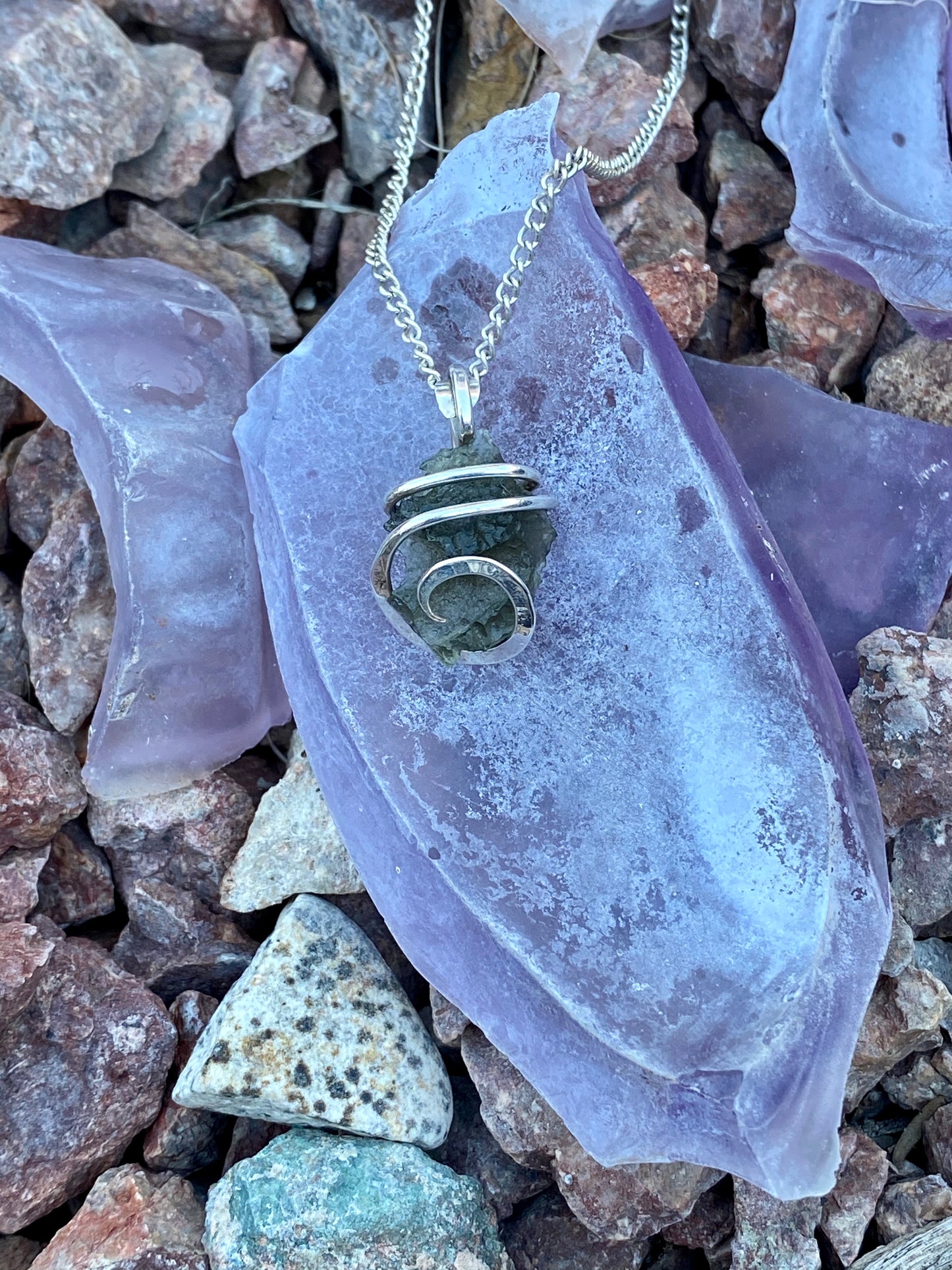 Moldavite in Sterling Silver Tension Wrapped Pendant