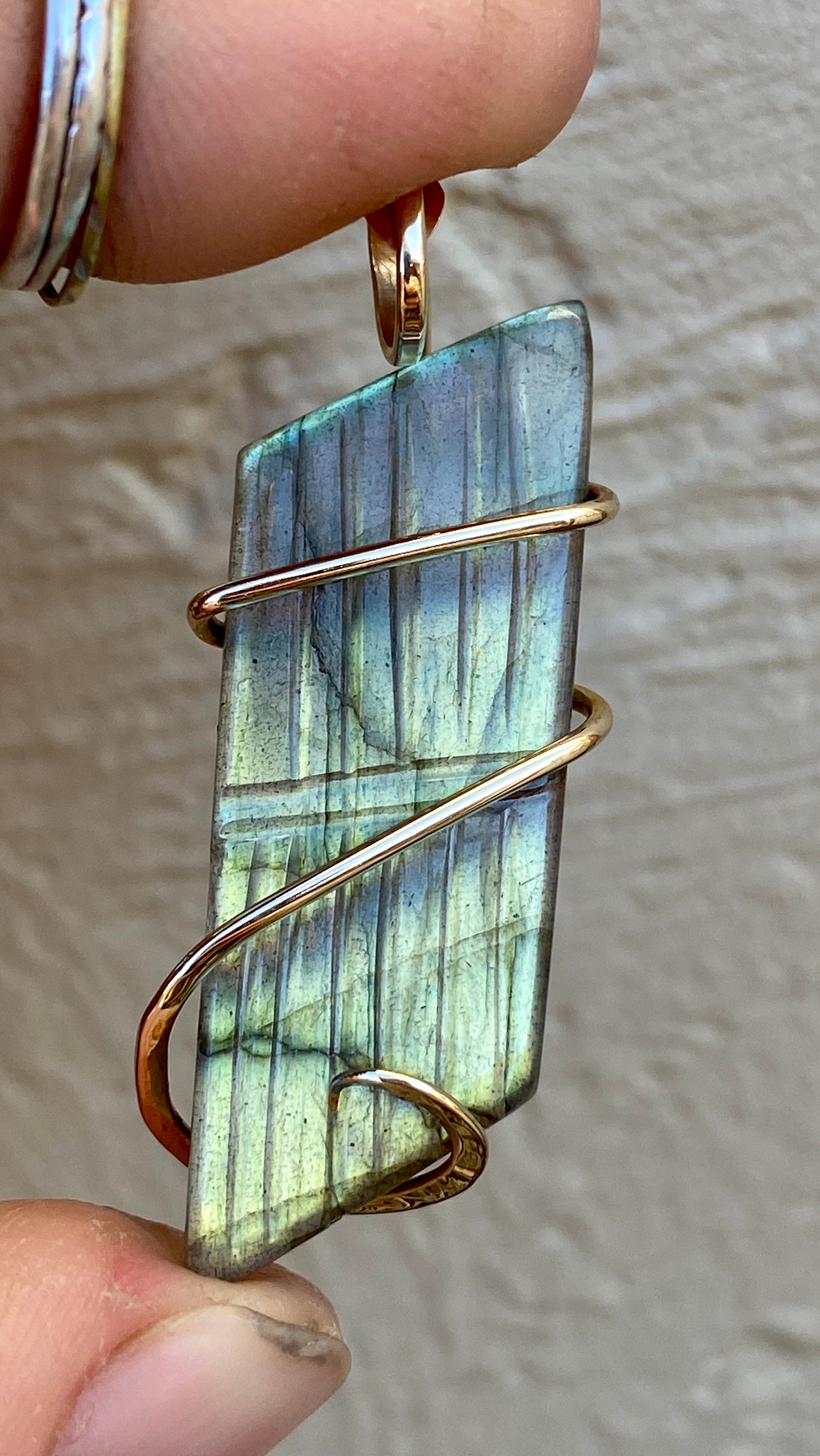 Carved Labradorite Cabochon in 14kt Gold Tension Wrapped Pendant