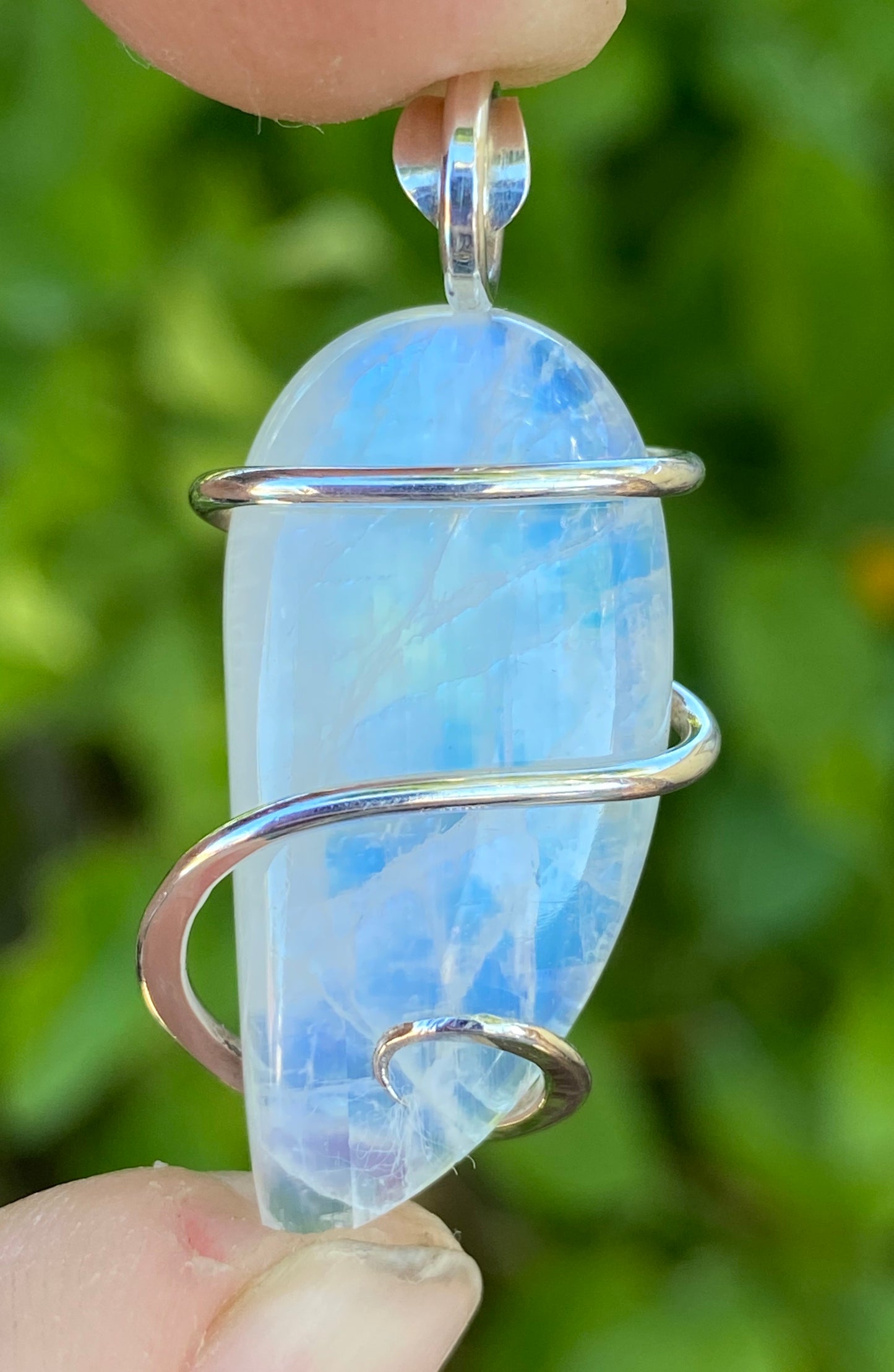 Moonstone Cabochon in Sterling Silver Tension Wrapped Pendant