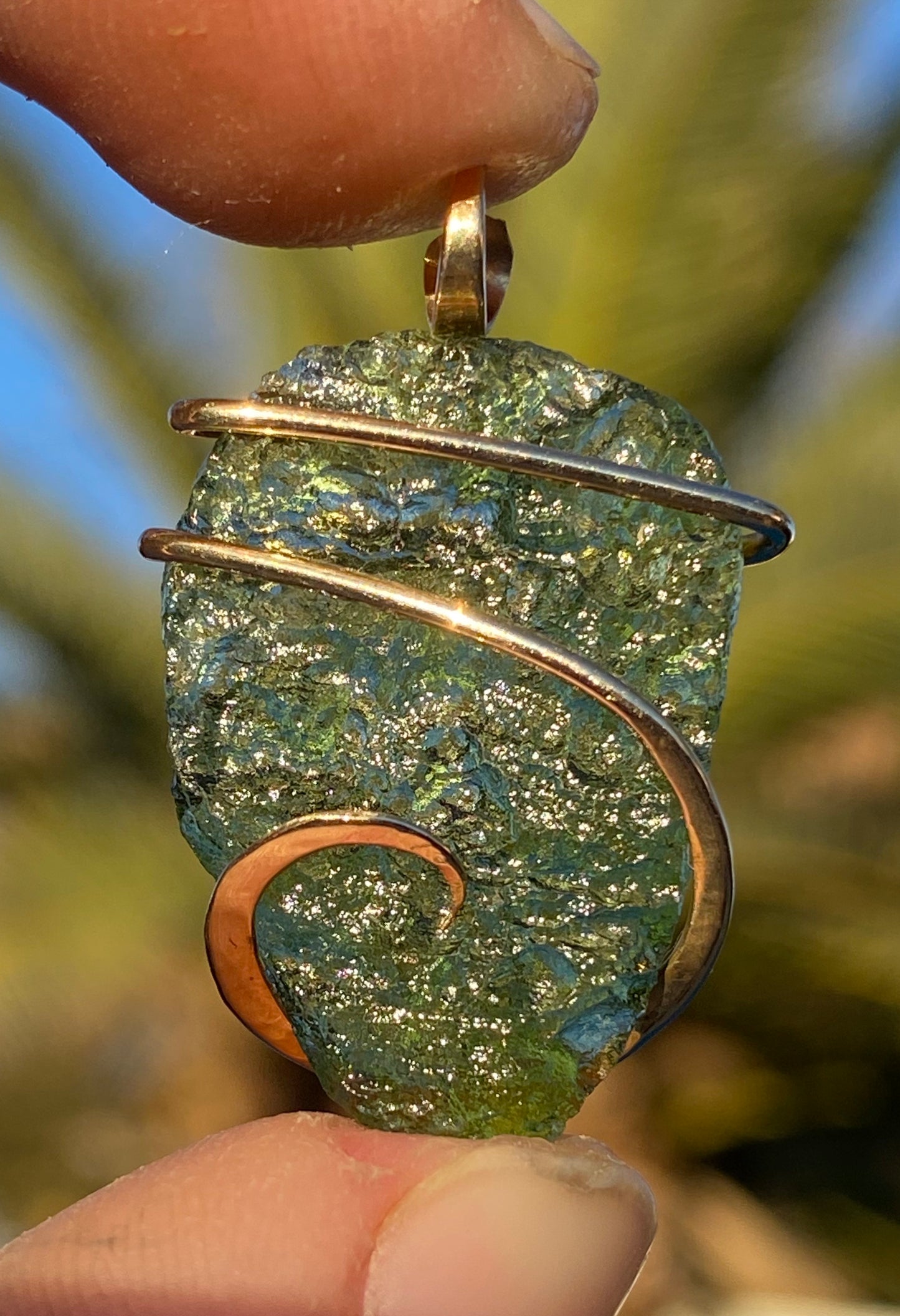 Moldavite in 14kt Gold Tension Wrapped Pendant